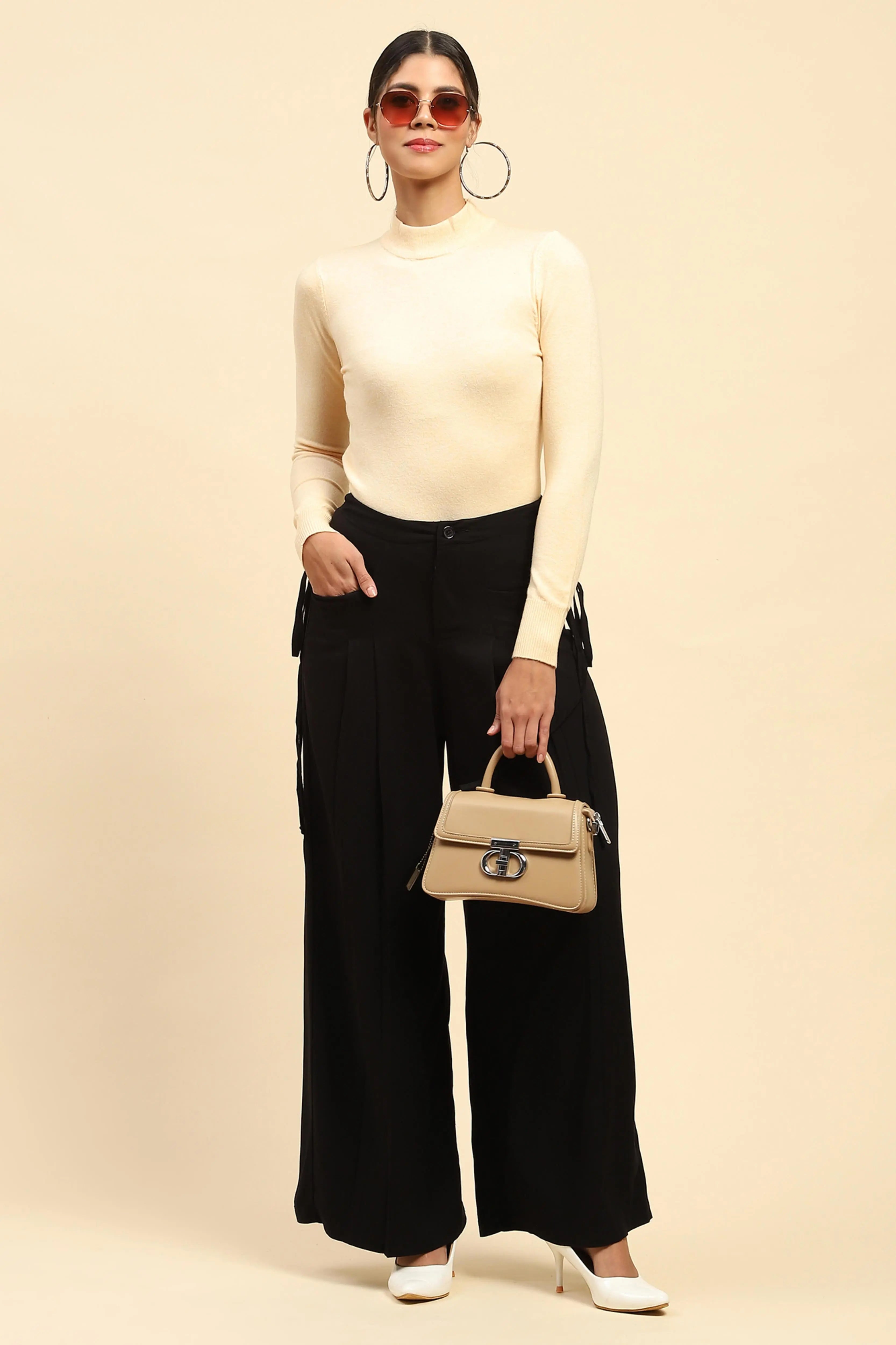 Black Solid Cotton Loose Fit Palazzo - Global Republic