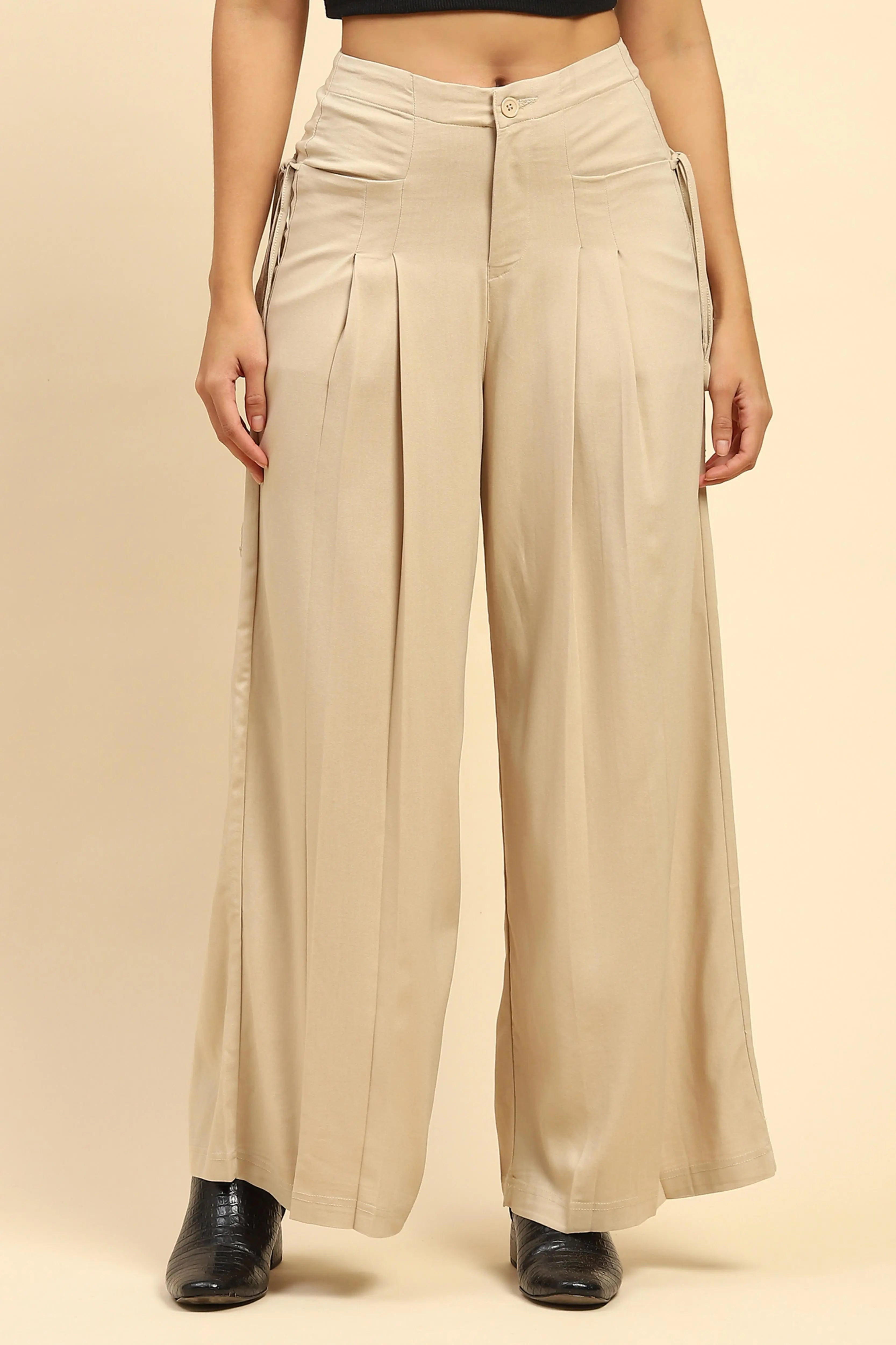 Beige Solid Cotton Loose Fit Palazzo - Global Republic