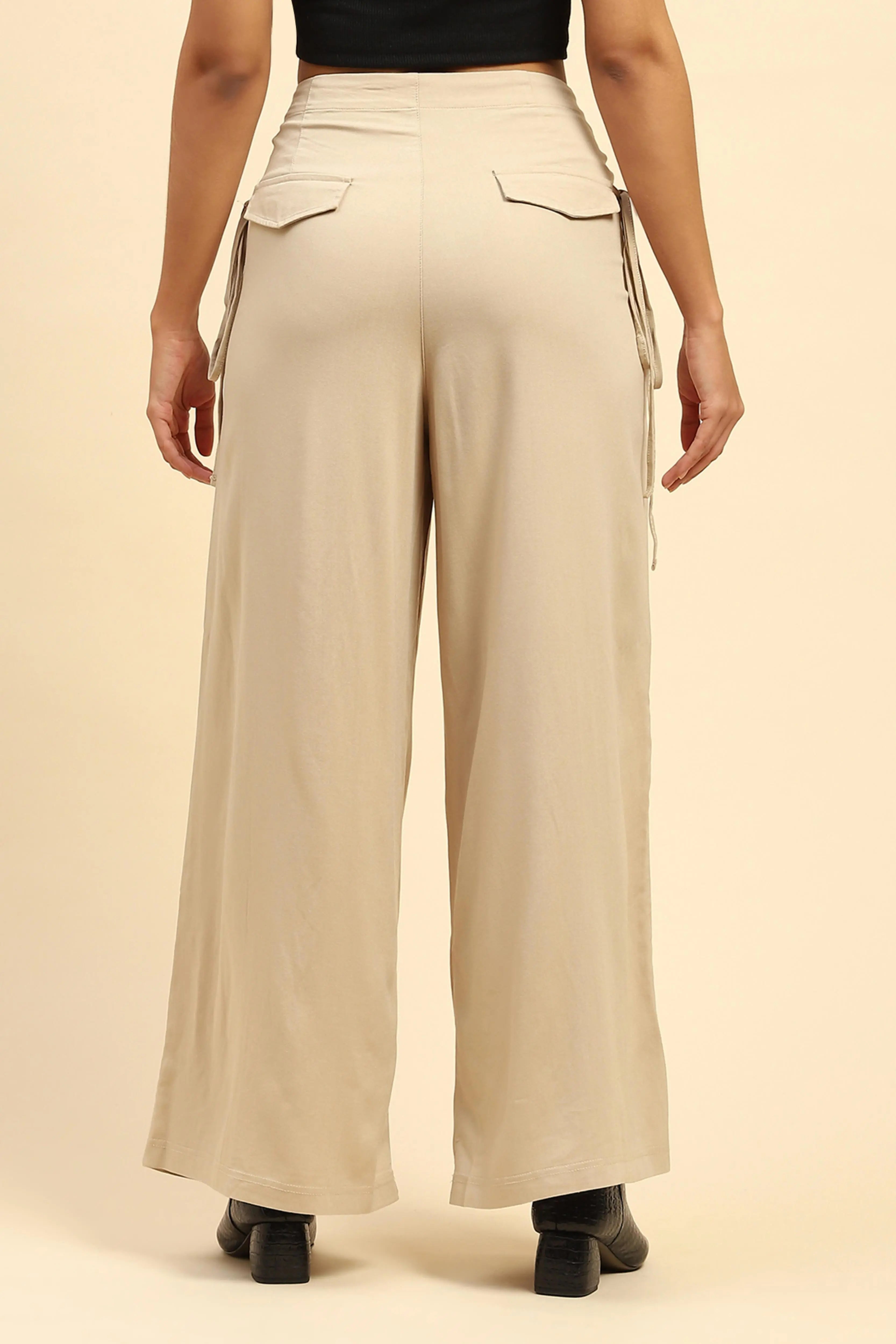 Beige Solid Cotton Loose Fit Palazzo - Global Republic