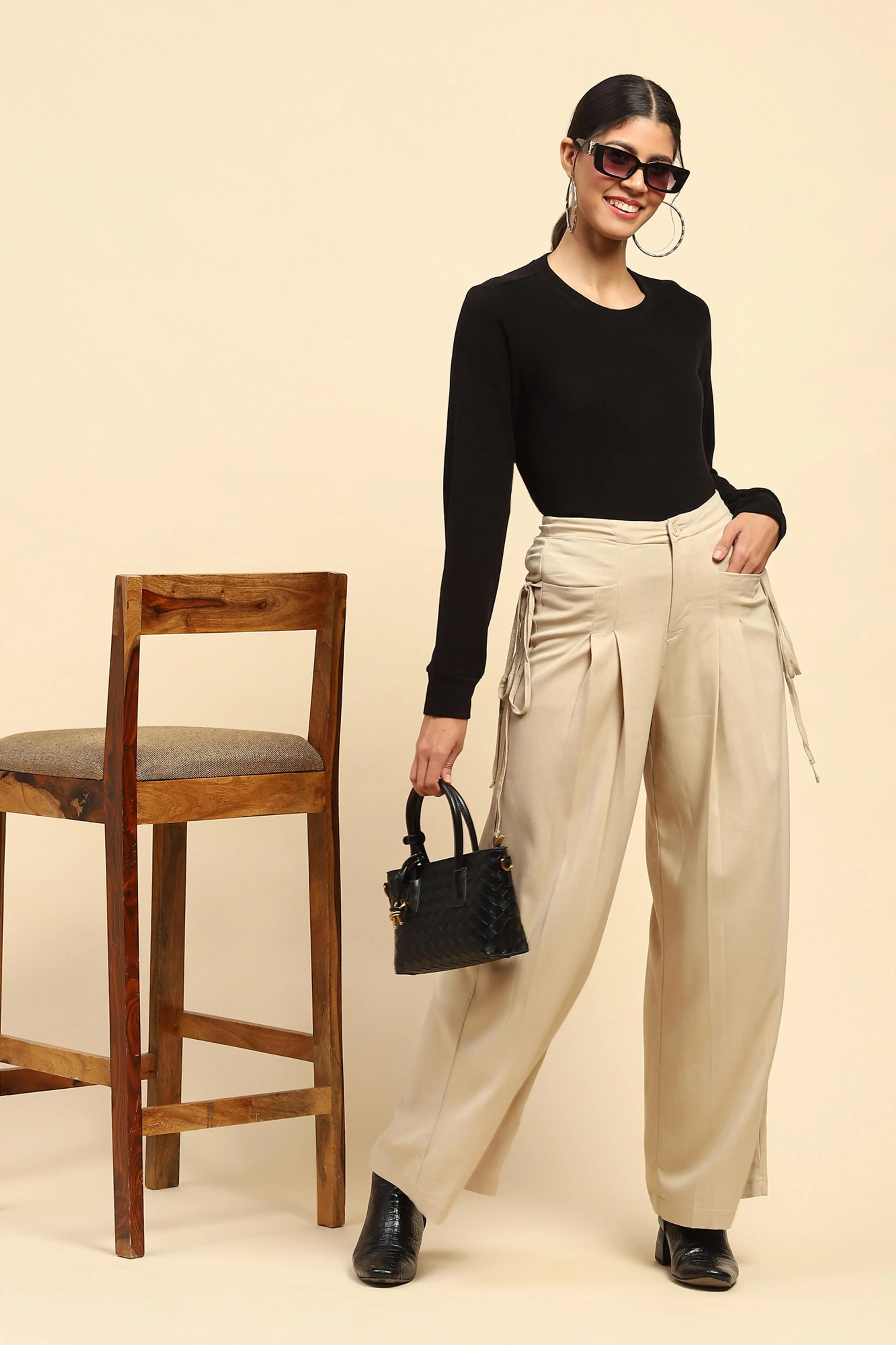 Beige Solid Cotton Loose Fit Palazzo - Global Republic