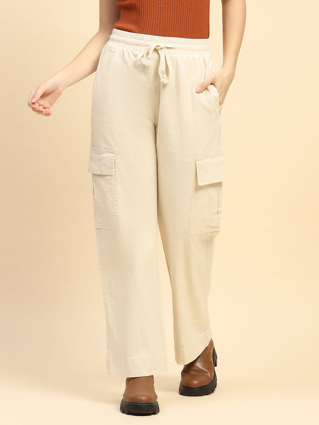 Natural Solid Cotton Blend Cargo Lower - Global Republic