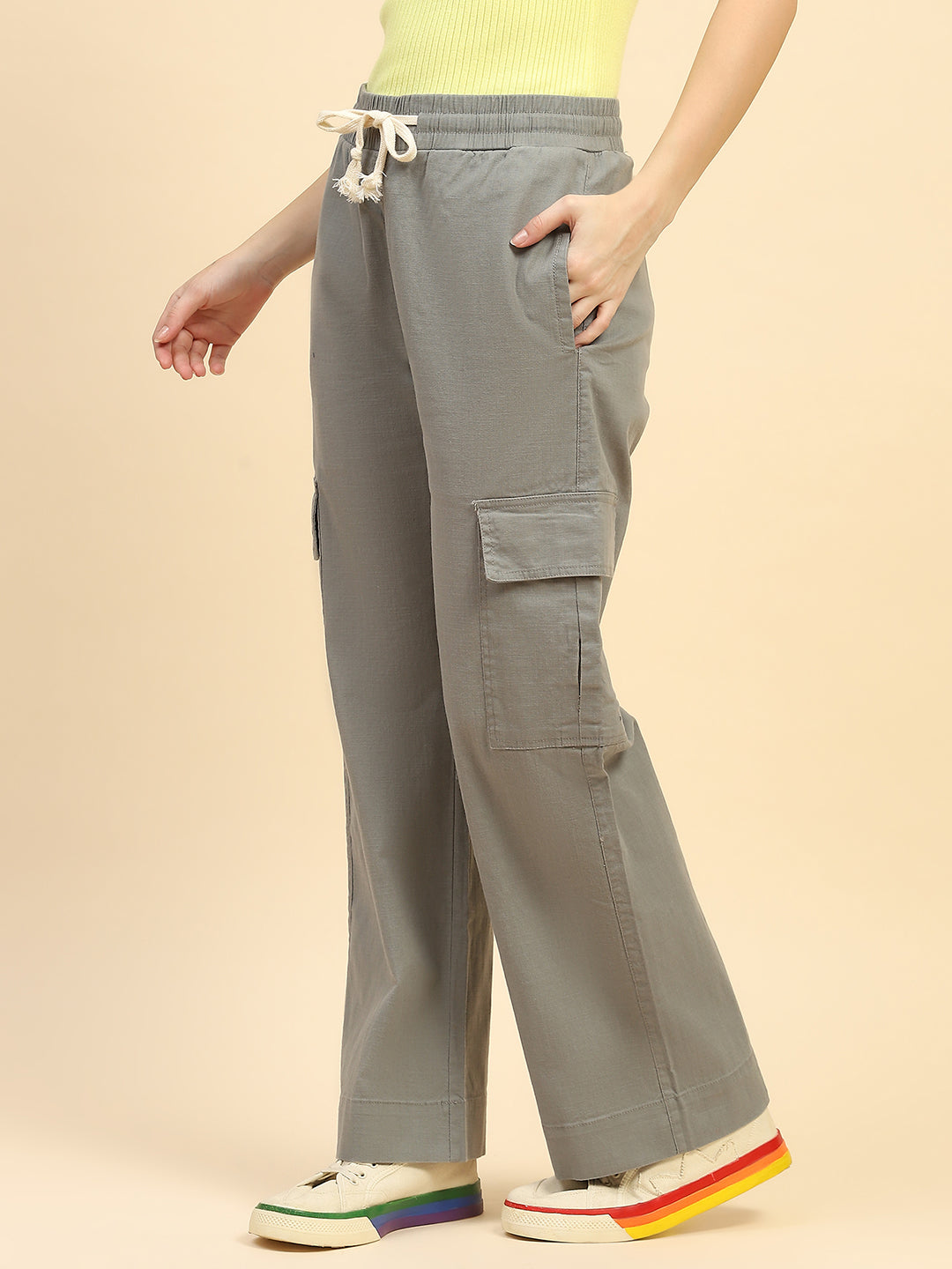 Green Solid Cotton Blend Cargo Lower - Global Republic