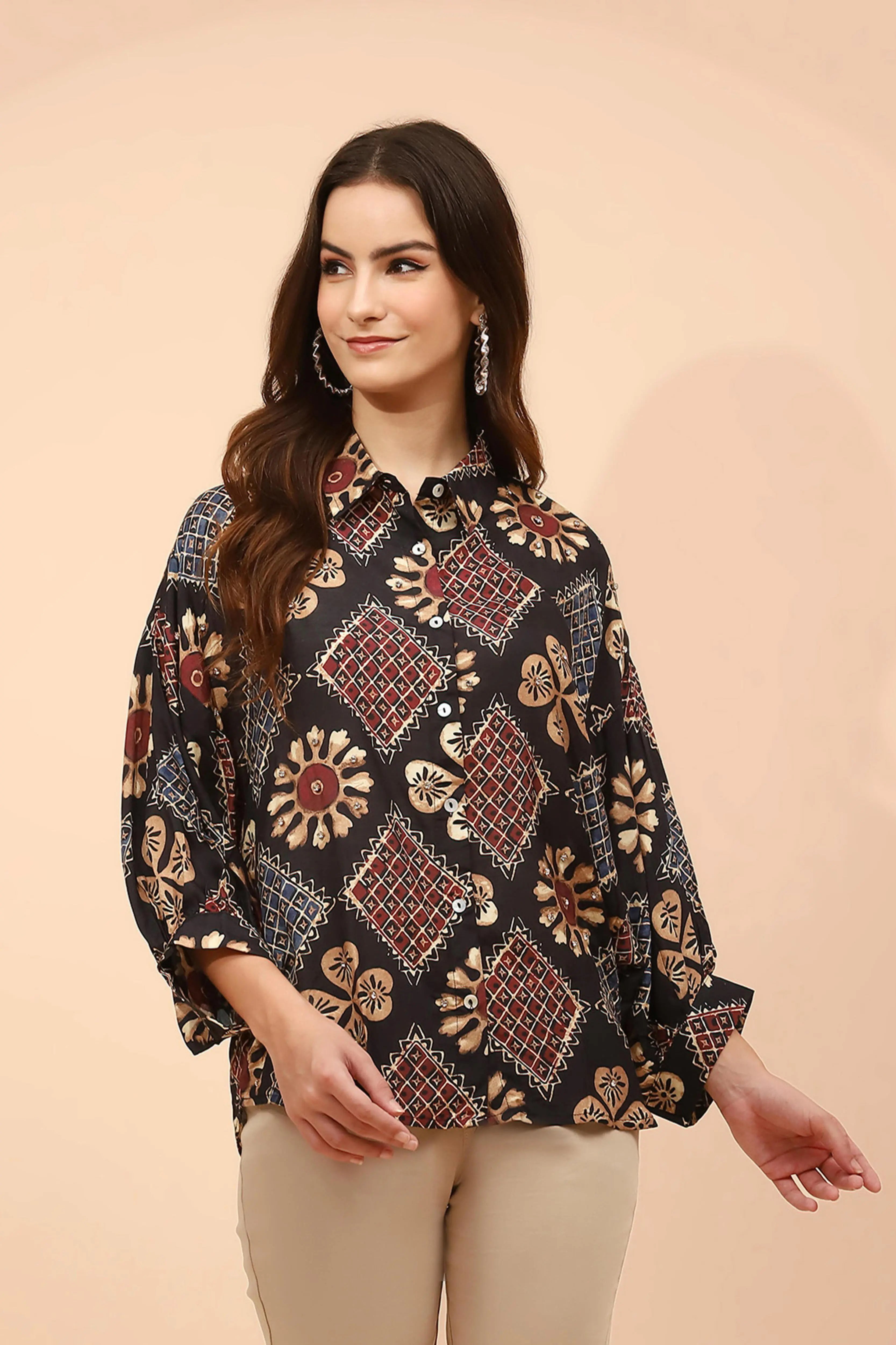 Black Printed Muslin Relaxed Fit Tunic - Global Republic