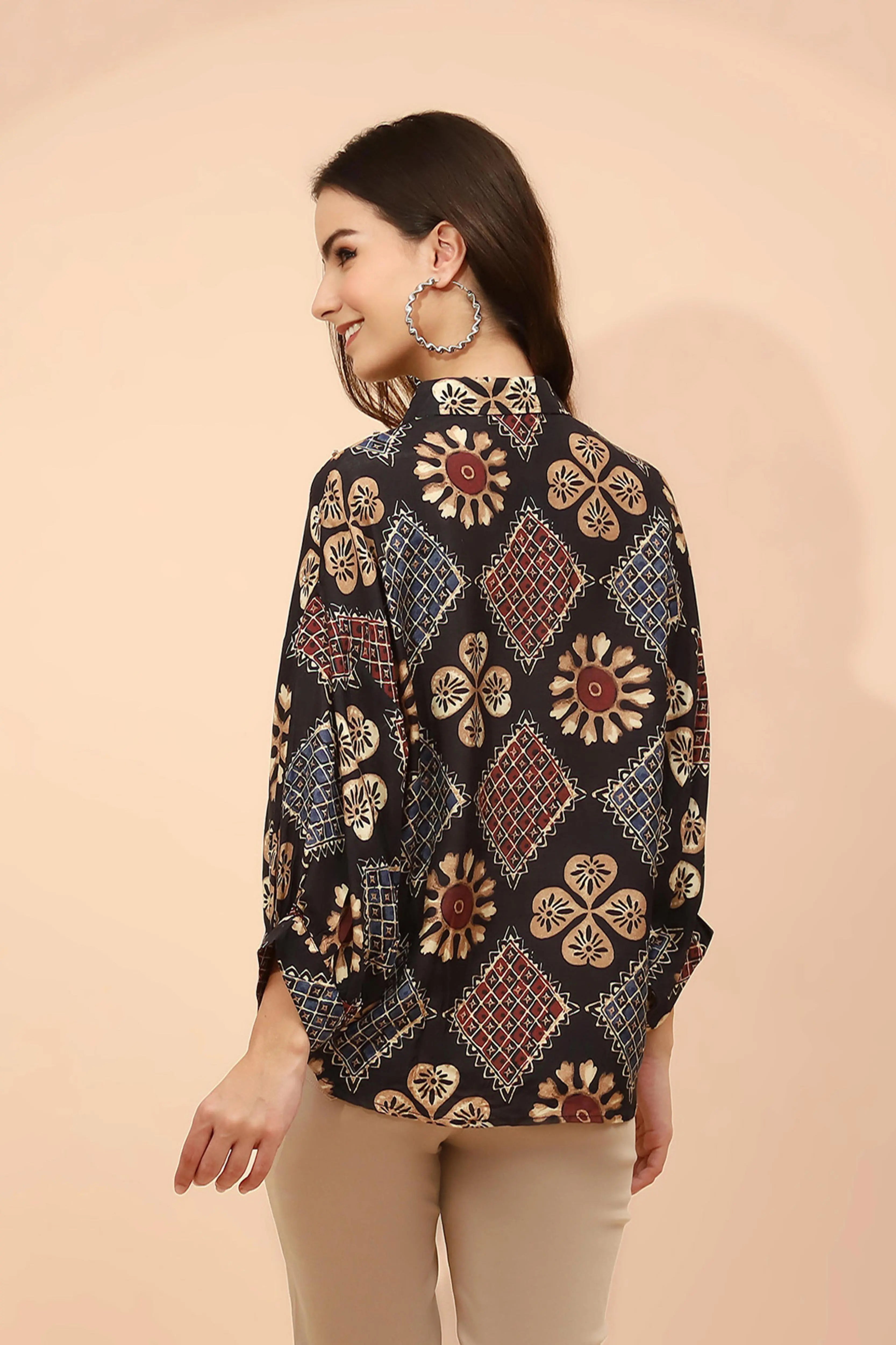 Black Printed Muslin Relaxed Fit Tunic - Global Republic