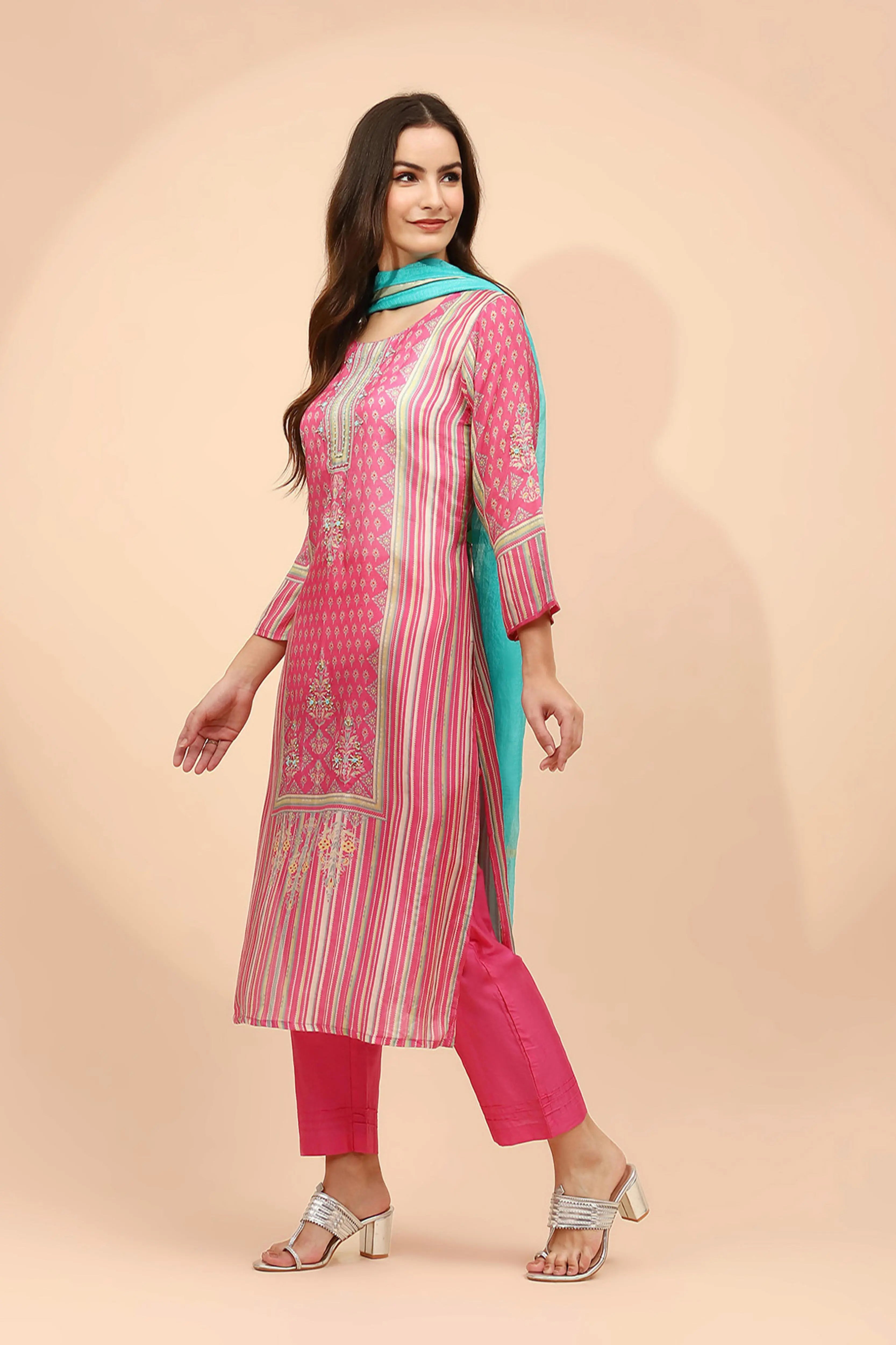 Pink Muslin Embellished Suit Set - Global Republic