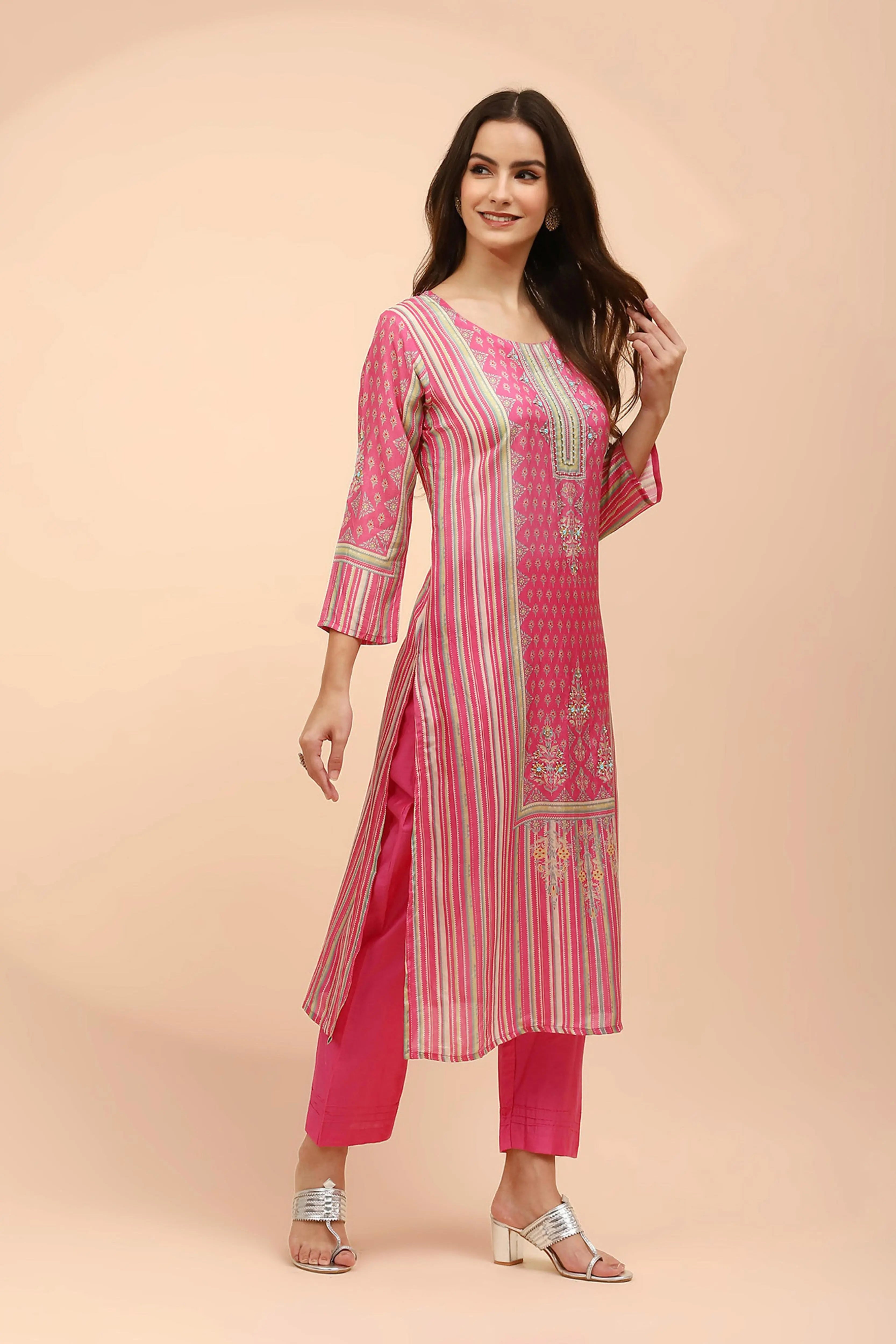 Pink Muslin Embellished Suit Set - Global Republic
