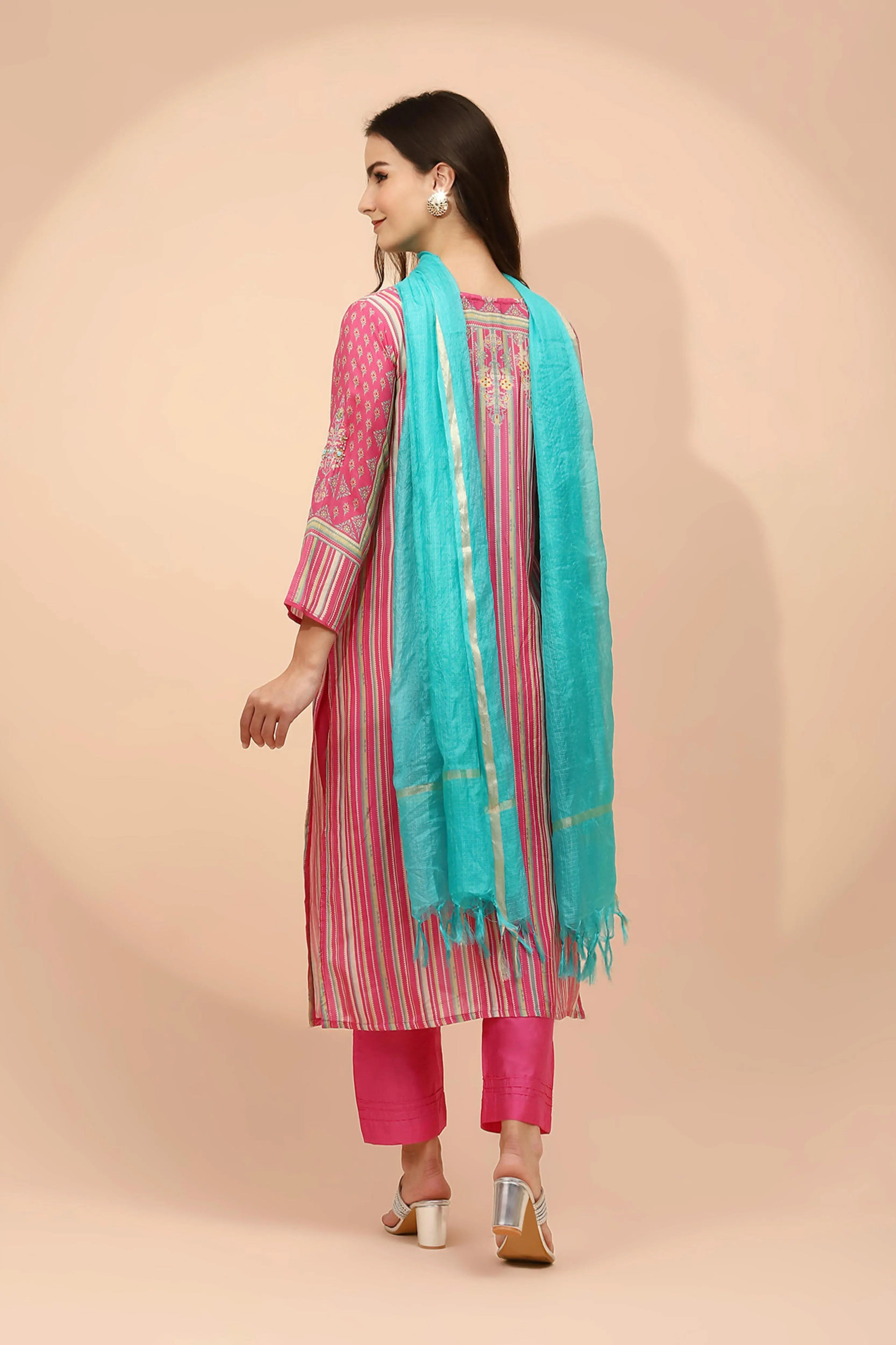 Pink Muslin Embellished Suit Set - Global Republic
