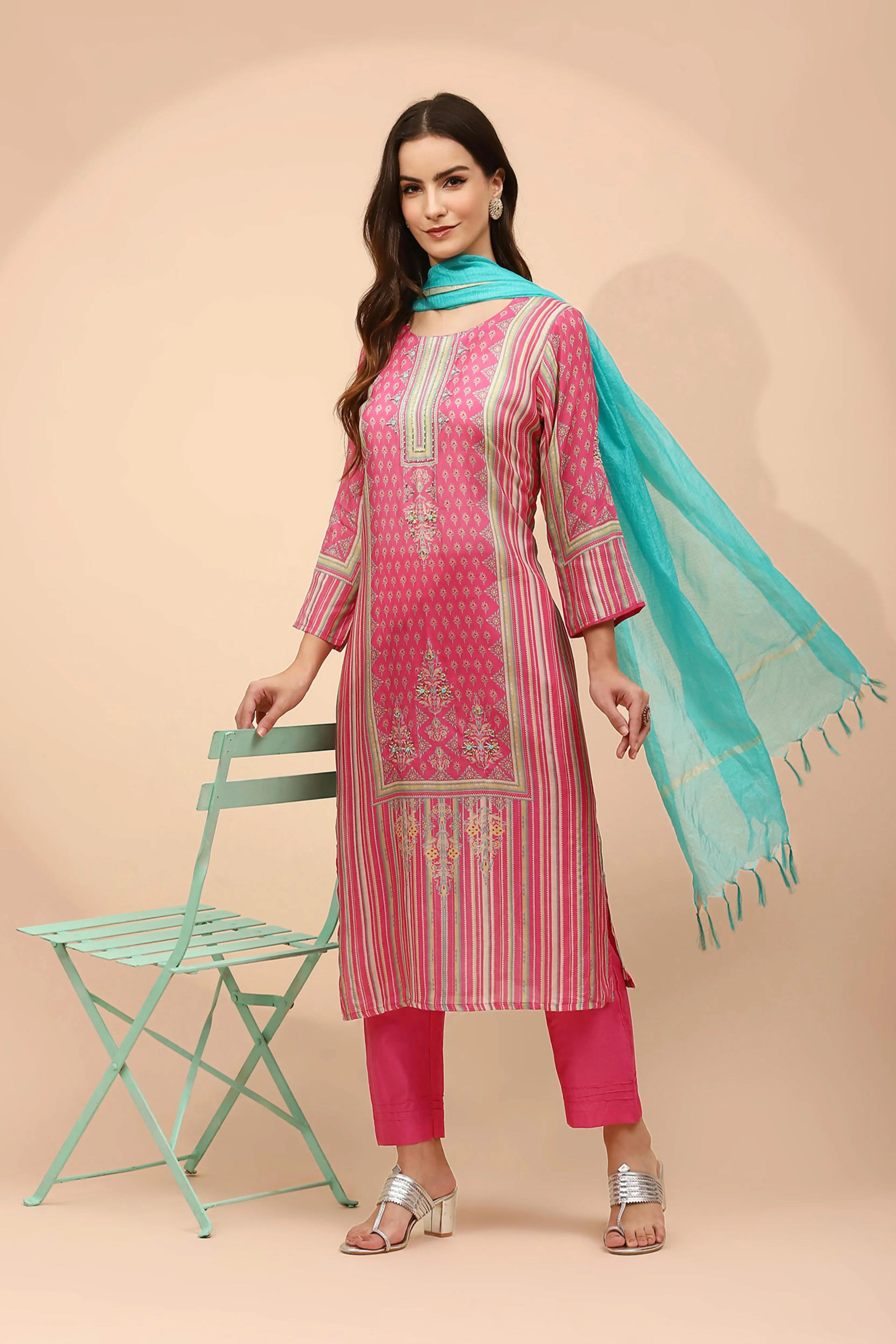 Pink Muslin Embellished Suit Set - Global Republic