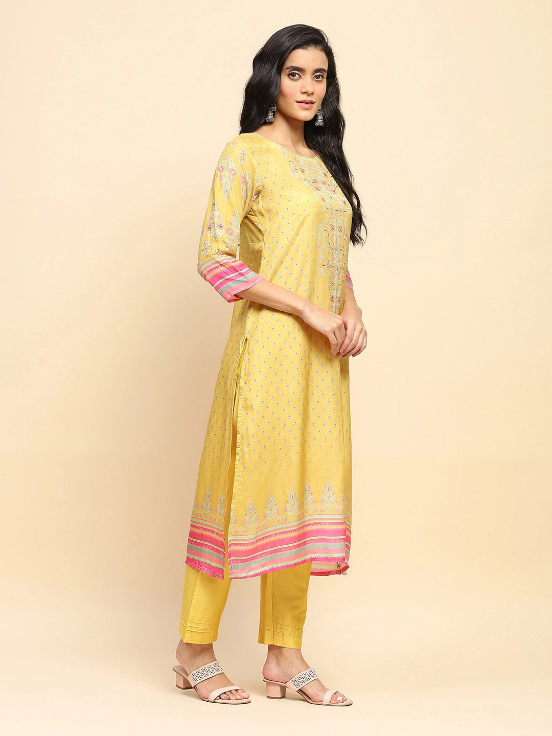 Yellow Muslin Printed & Embroidered Suit Set - Global Republic