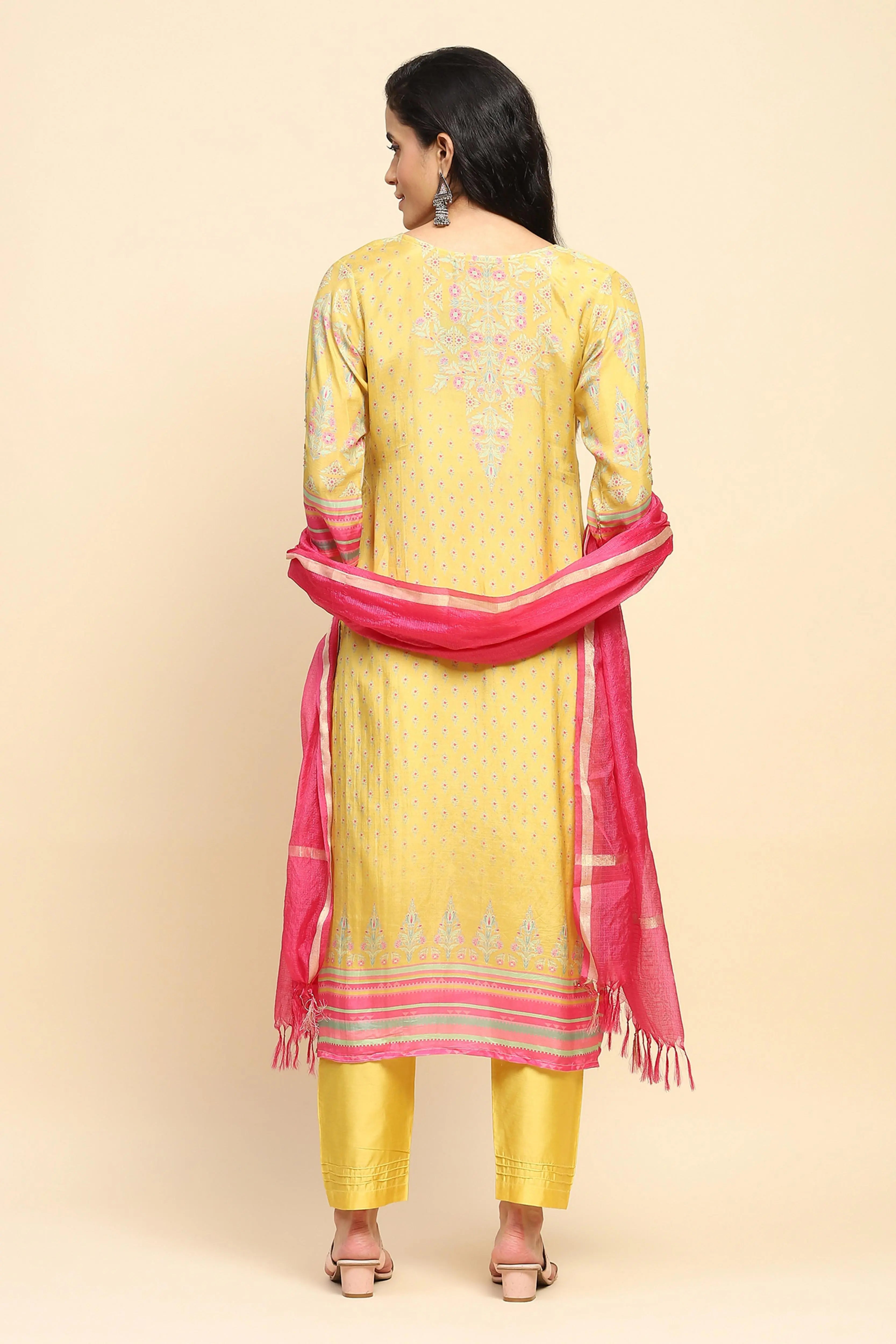 Yellow Muslin Printed & Embroidered Suit Set - Global Republic