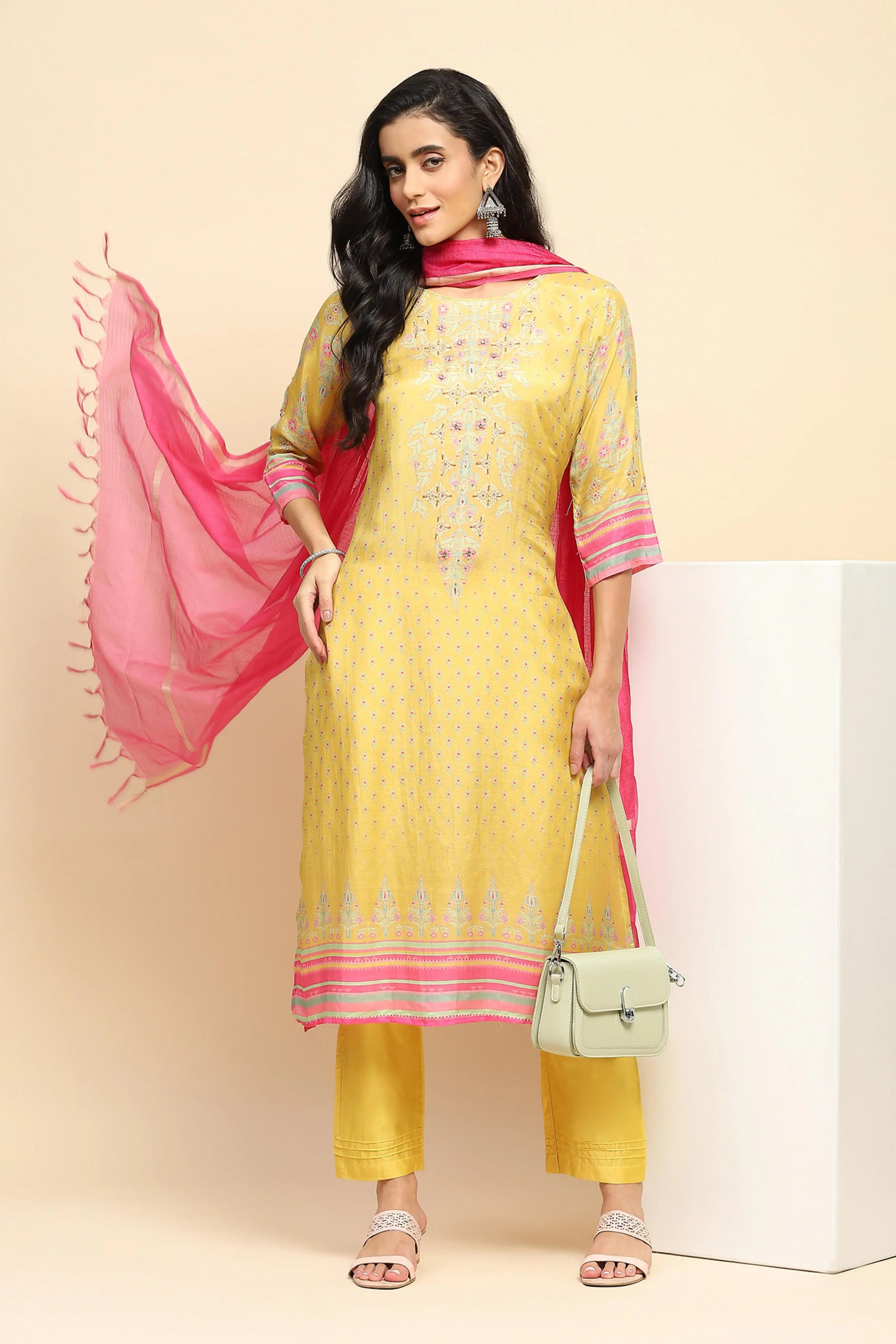 Yellow Muslin Printed & Embroidered Suit Set - Global Republic