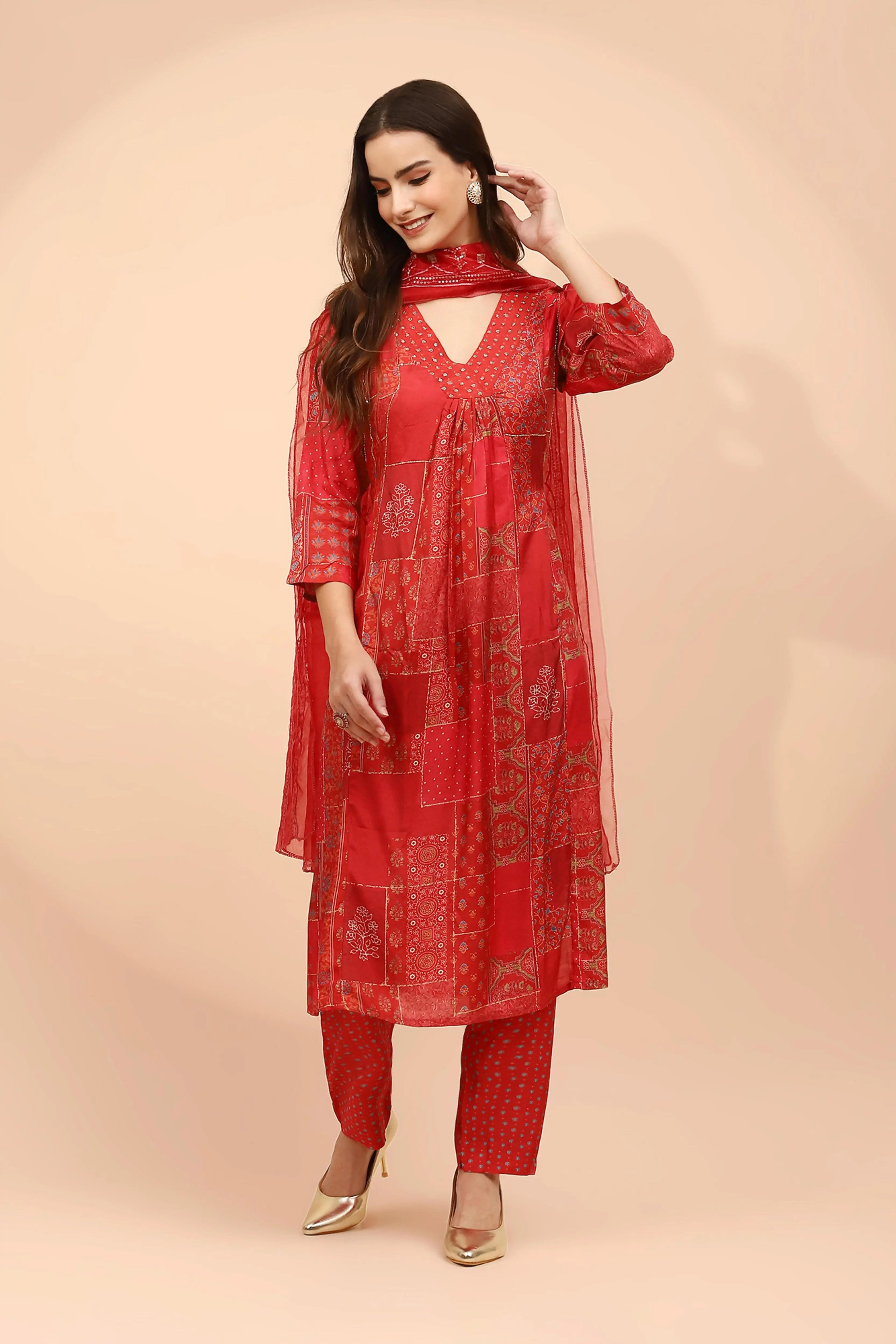 Red Muslin Printed Embellished Suit Set - Global Republic