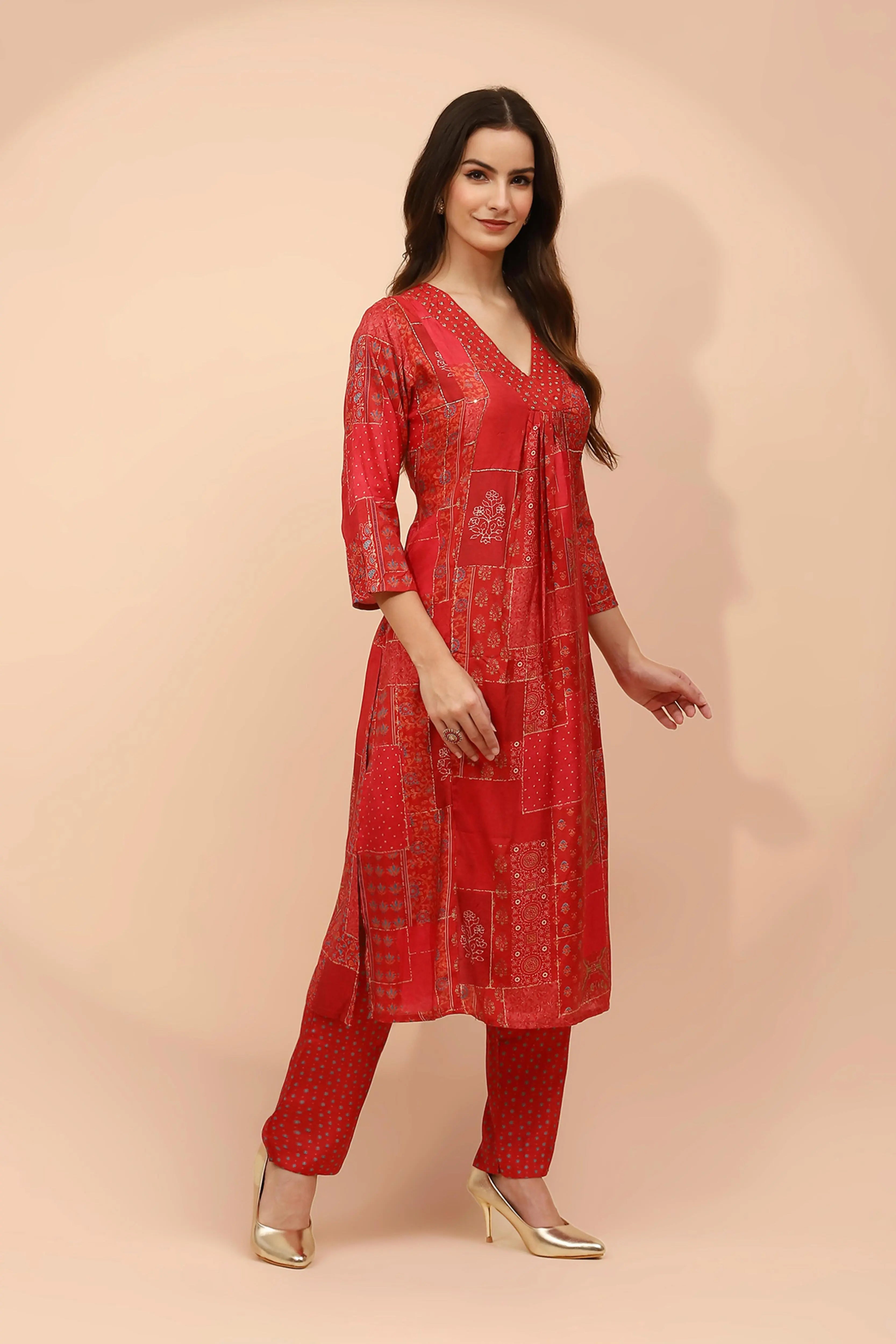 Red Muslin Printed Embellished Suit Set - Global Republic