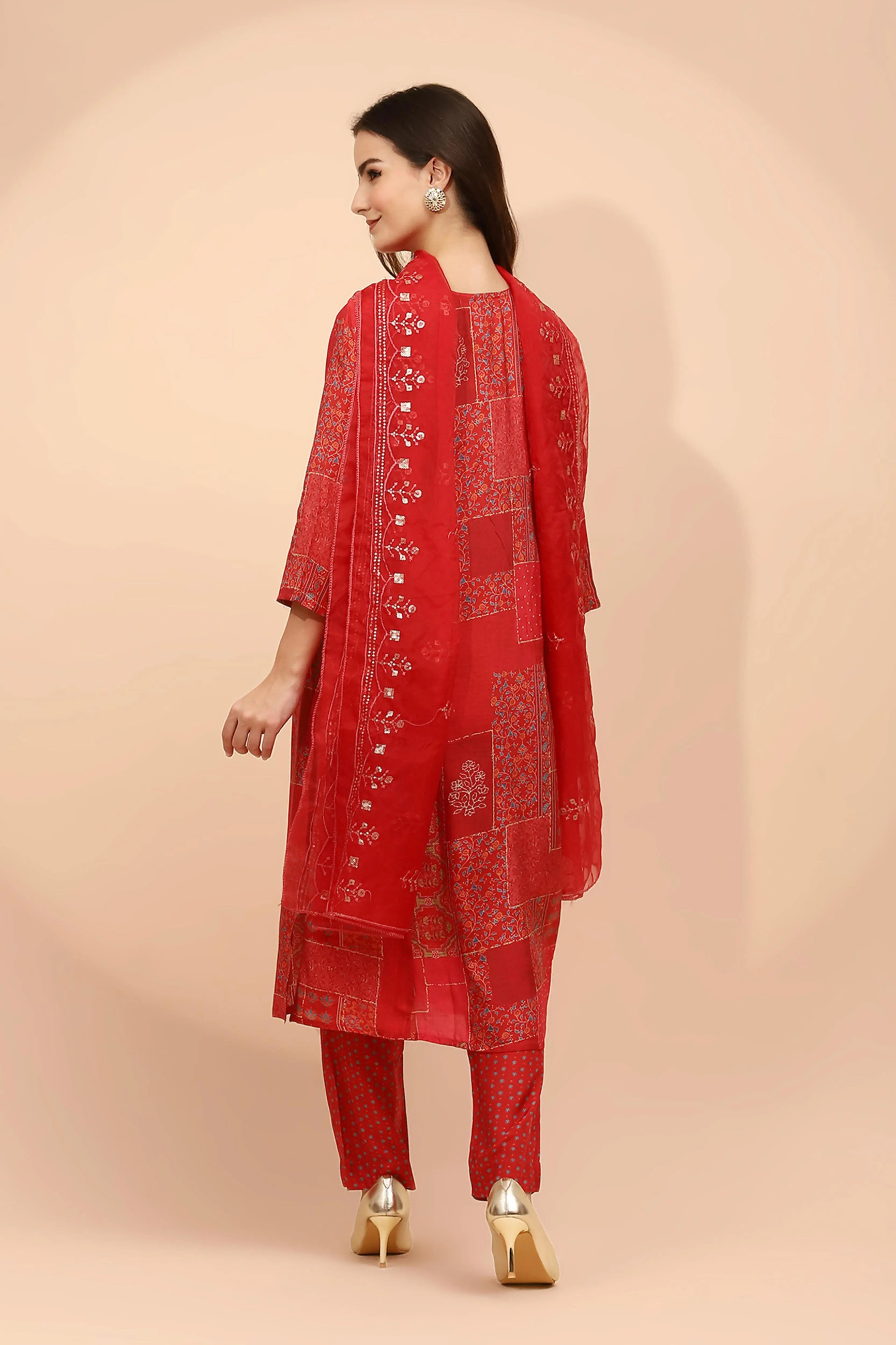 Red Muslin Printed Embellished Suit Set - Global Republic