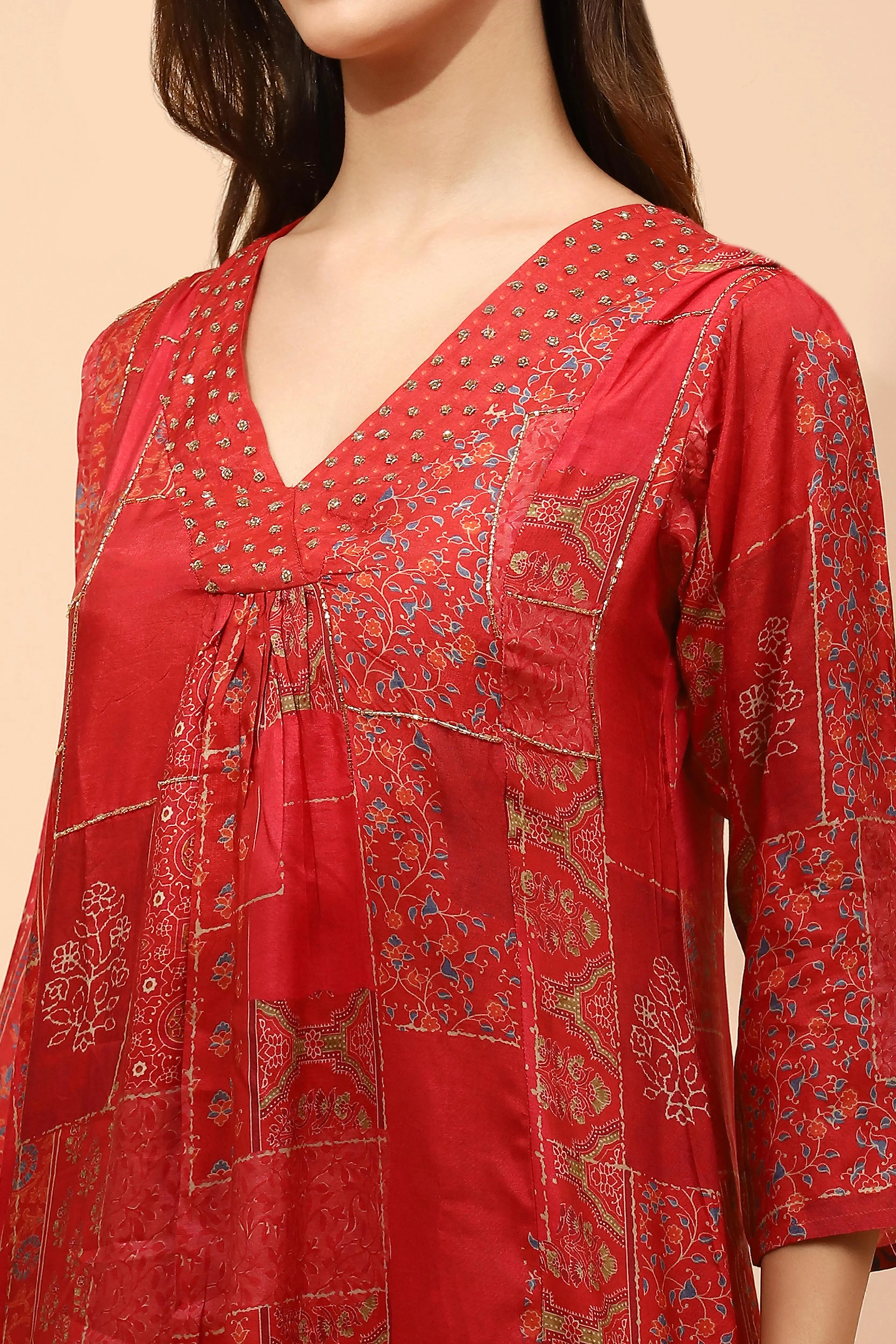 Red Muslin Printed Embellished Suit Set - Global Republic