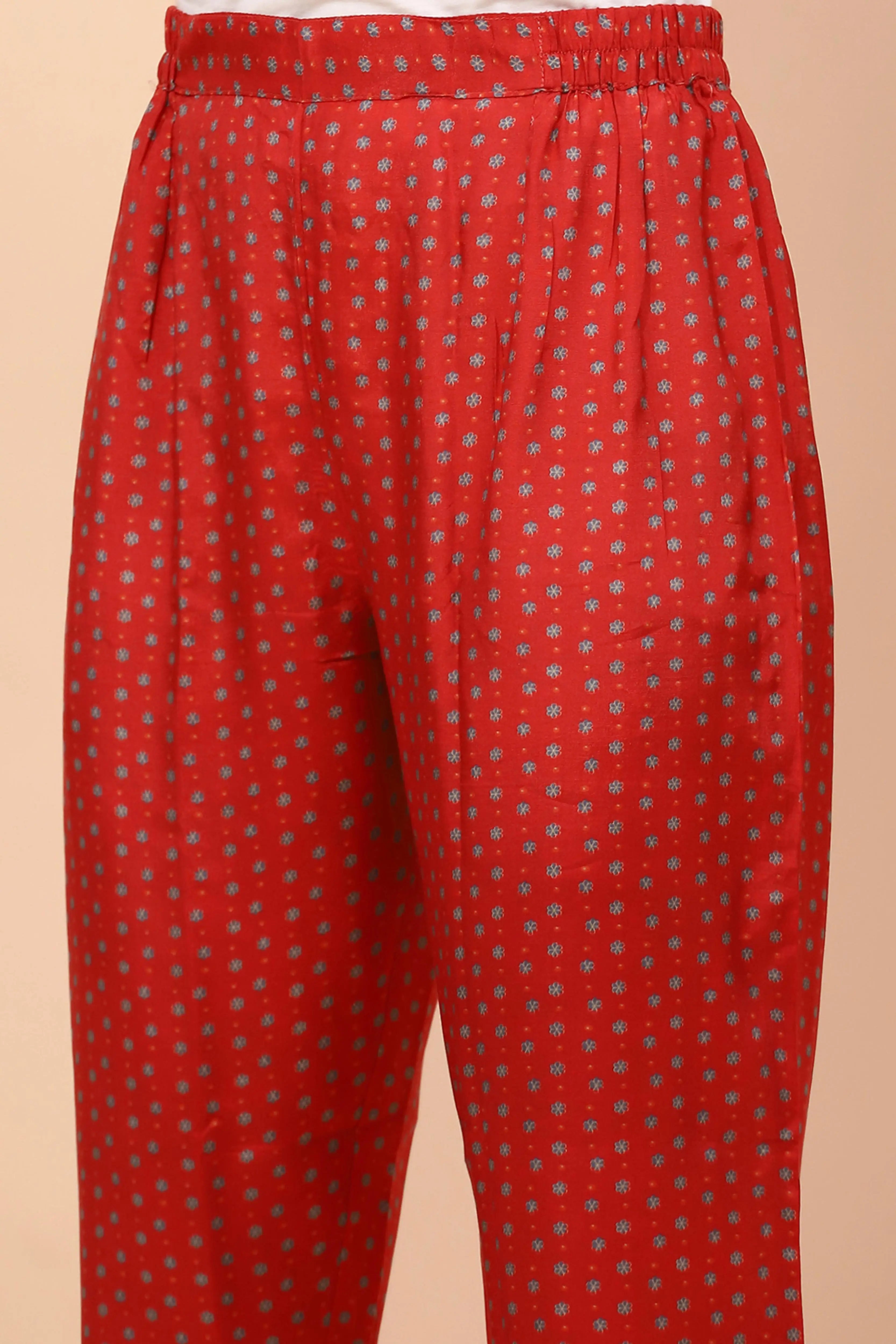 Red Muslin Printed Embellished Suit Set - Global Republic