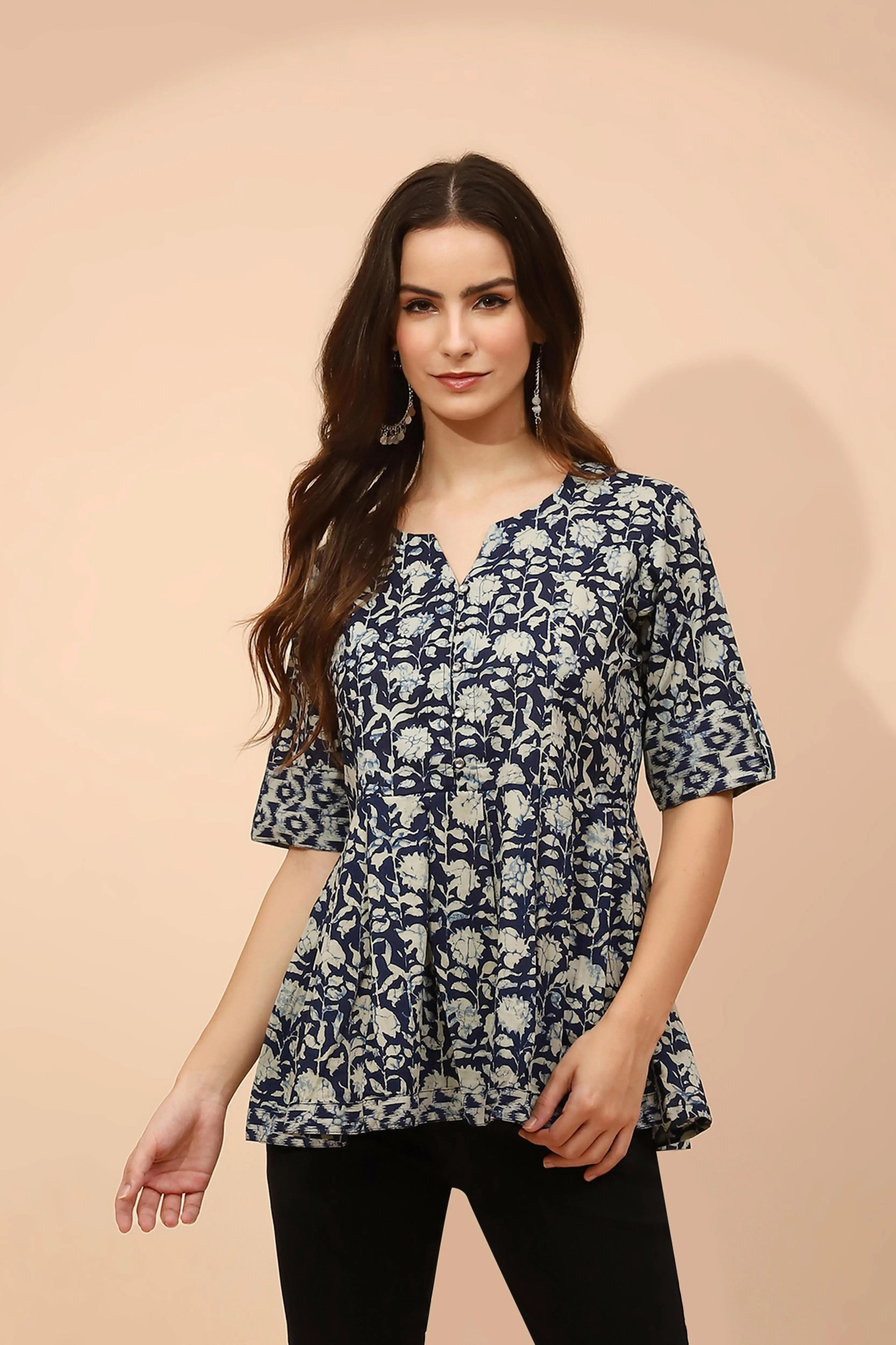 Indigo Floral Printed Cotton Tunic - Global Republic