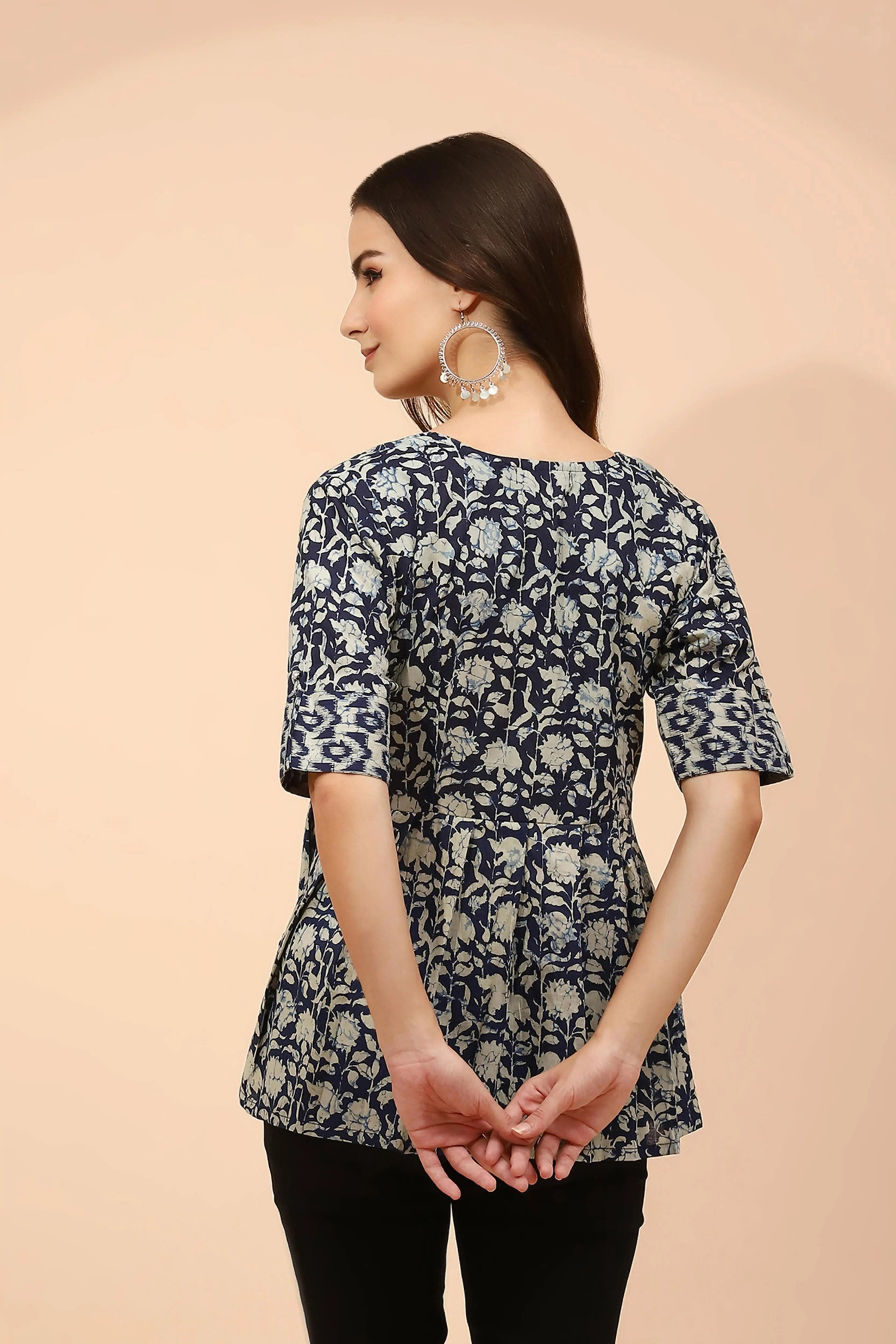 Indigo Floral Printed Cotton Tunic - Global Republic