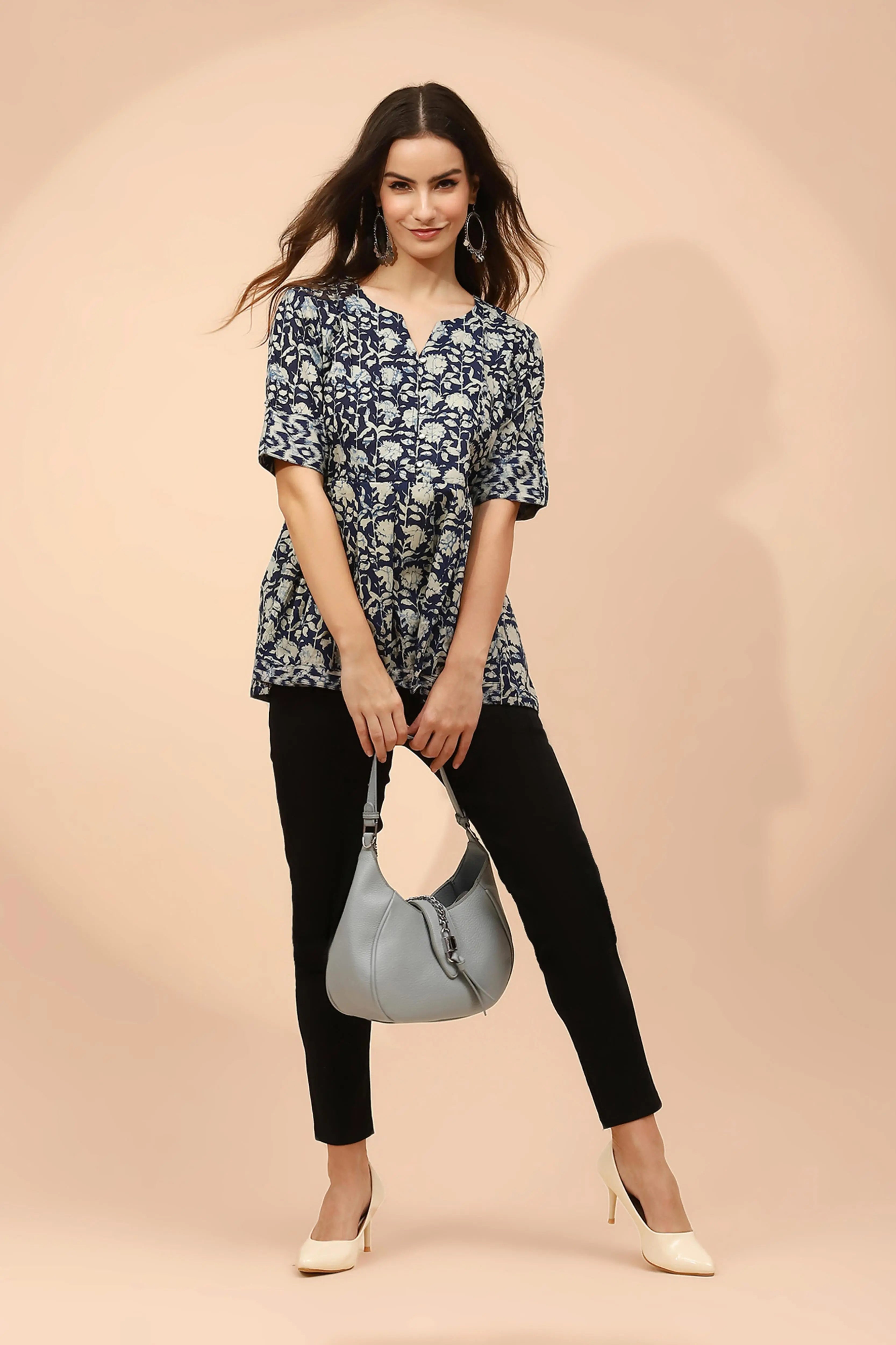 Indigo Floral Printed Cotton Tunic - Global Republic