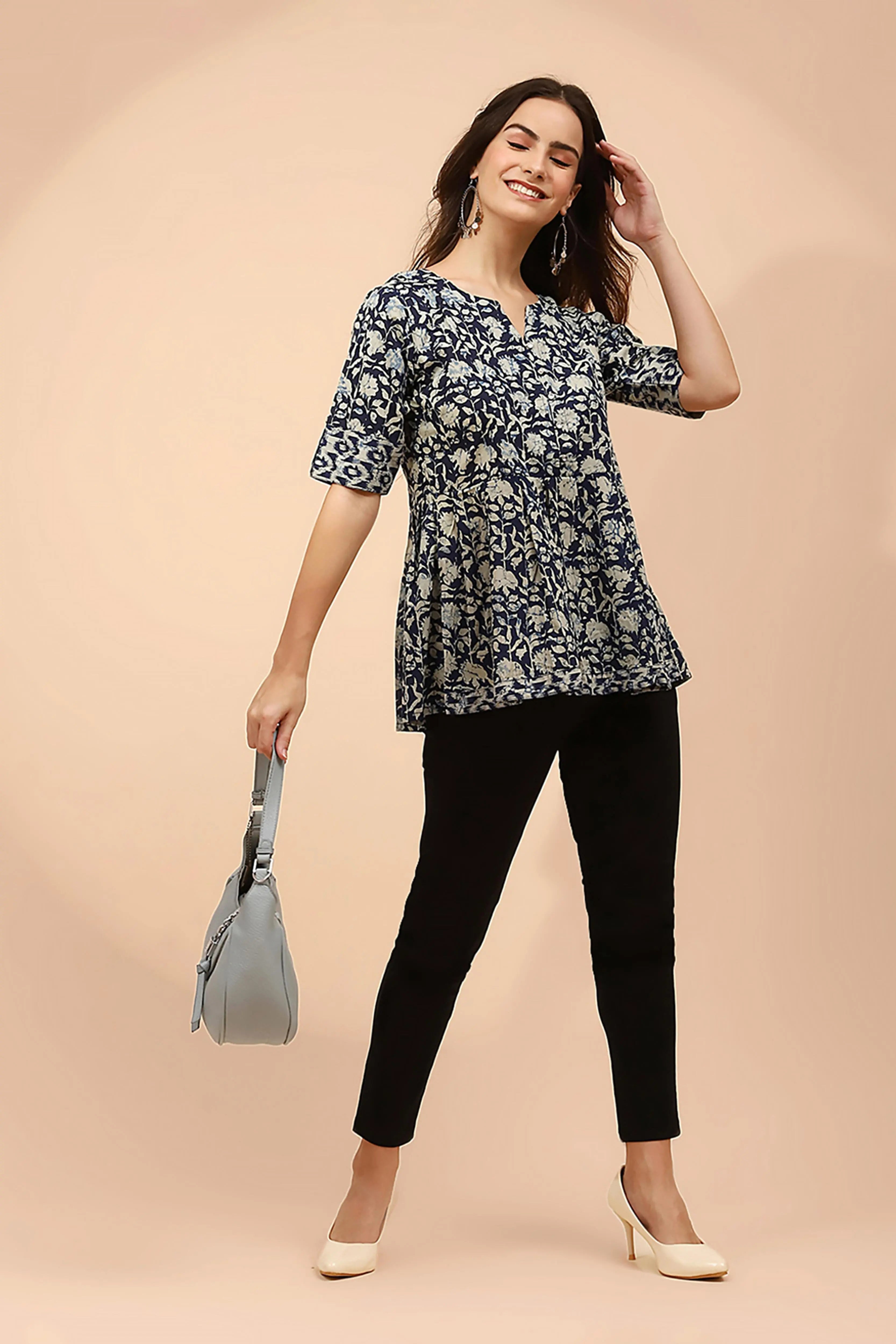 Indigo Floral Printed Cotton Tunic - Global Republic