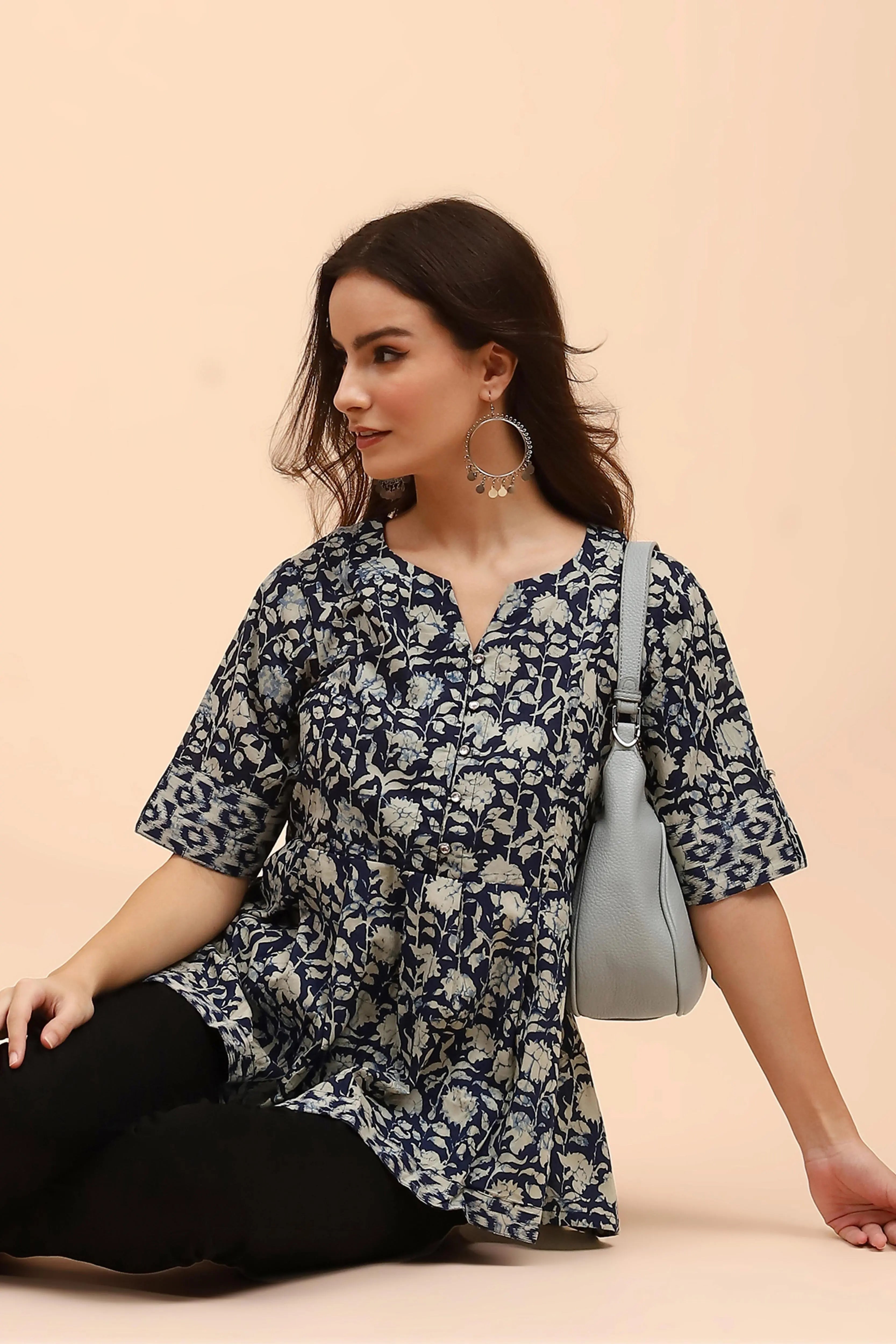 Indigo Floral Printed Cotton Tunic - Global Republic
