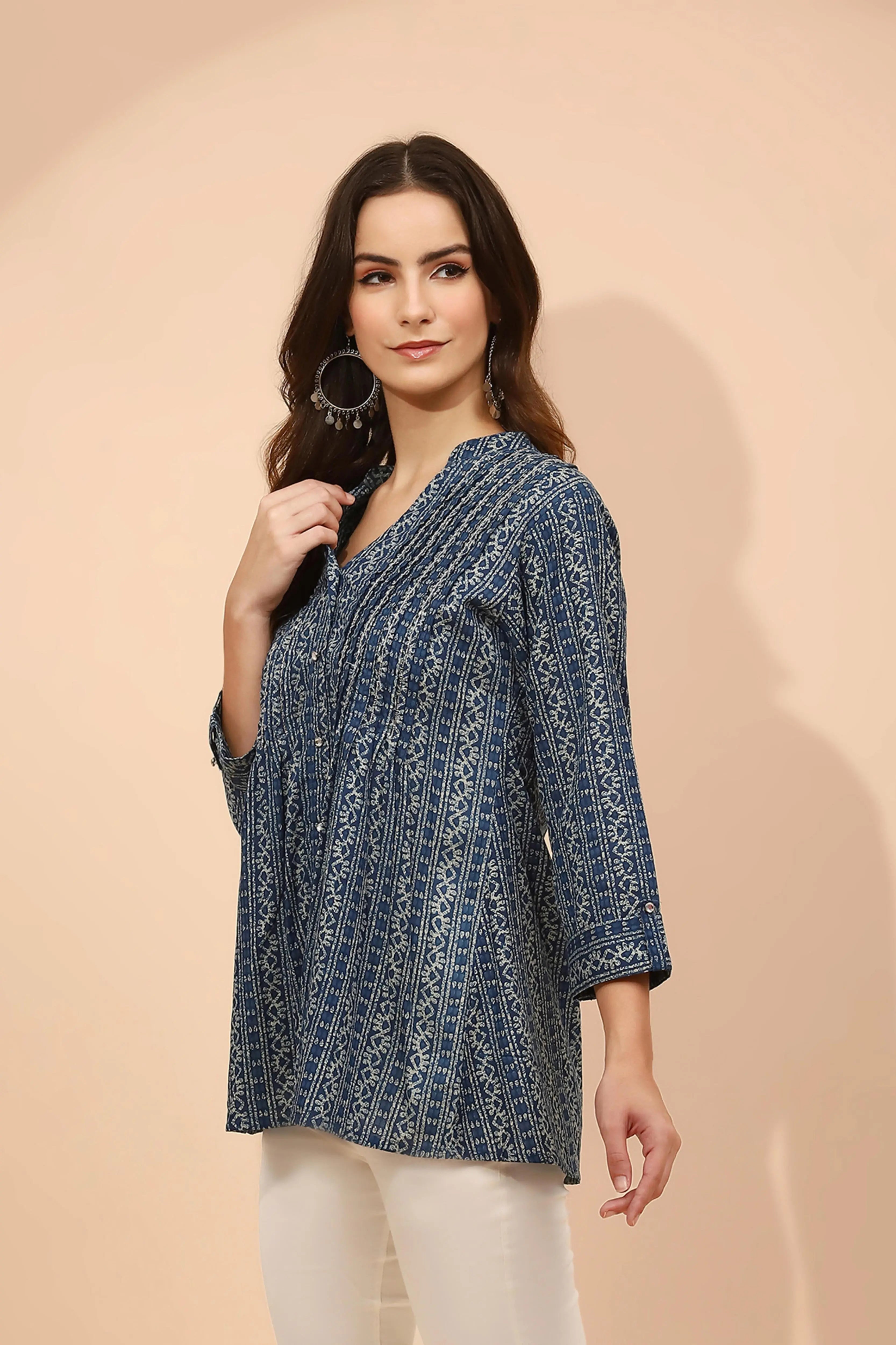 Blue Printed Cotton V-Neck Tunic - Global Republic