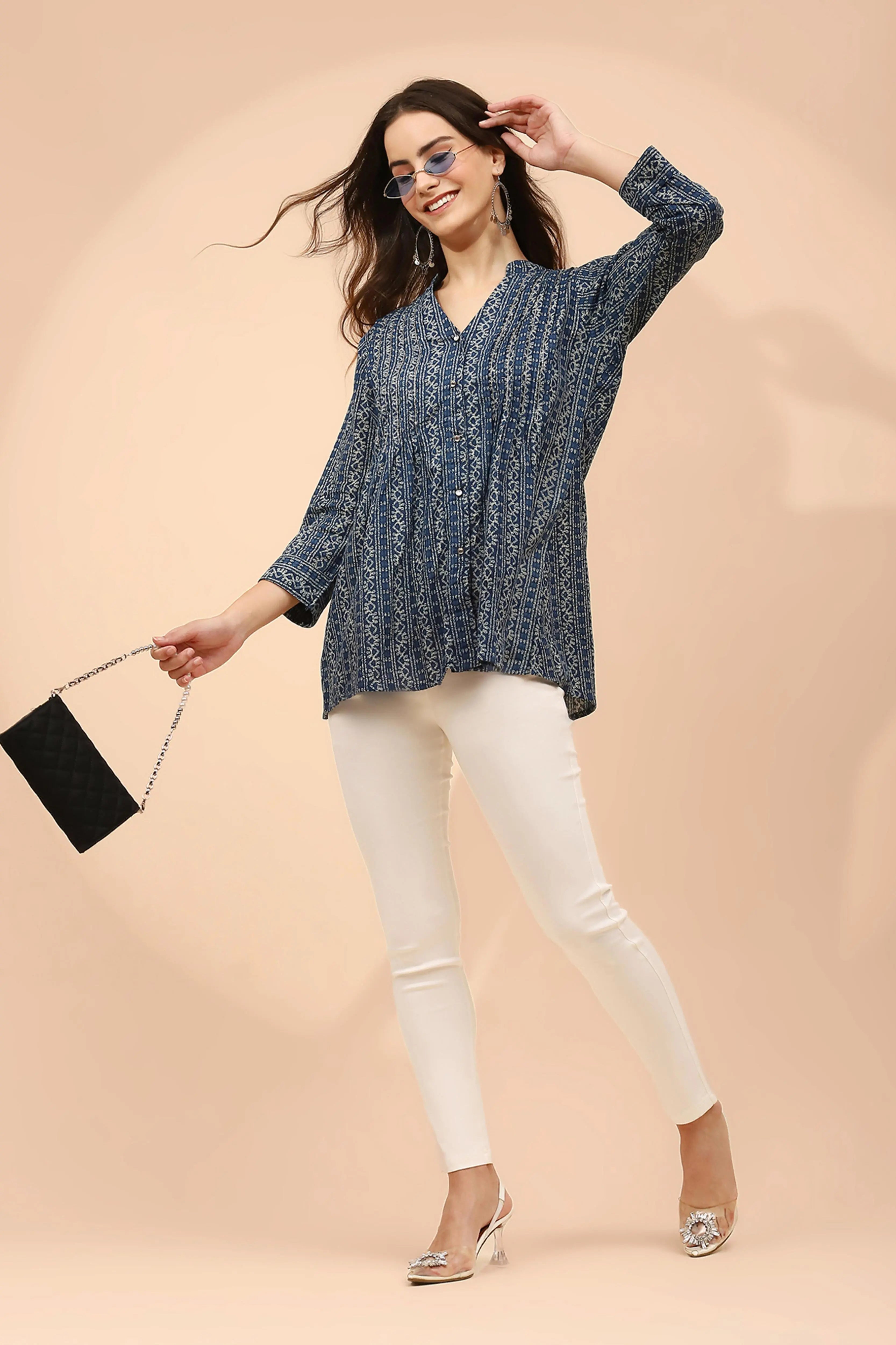 Blue Printed Cotton V-Neck Tunic - Global Republic