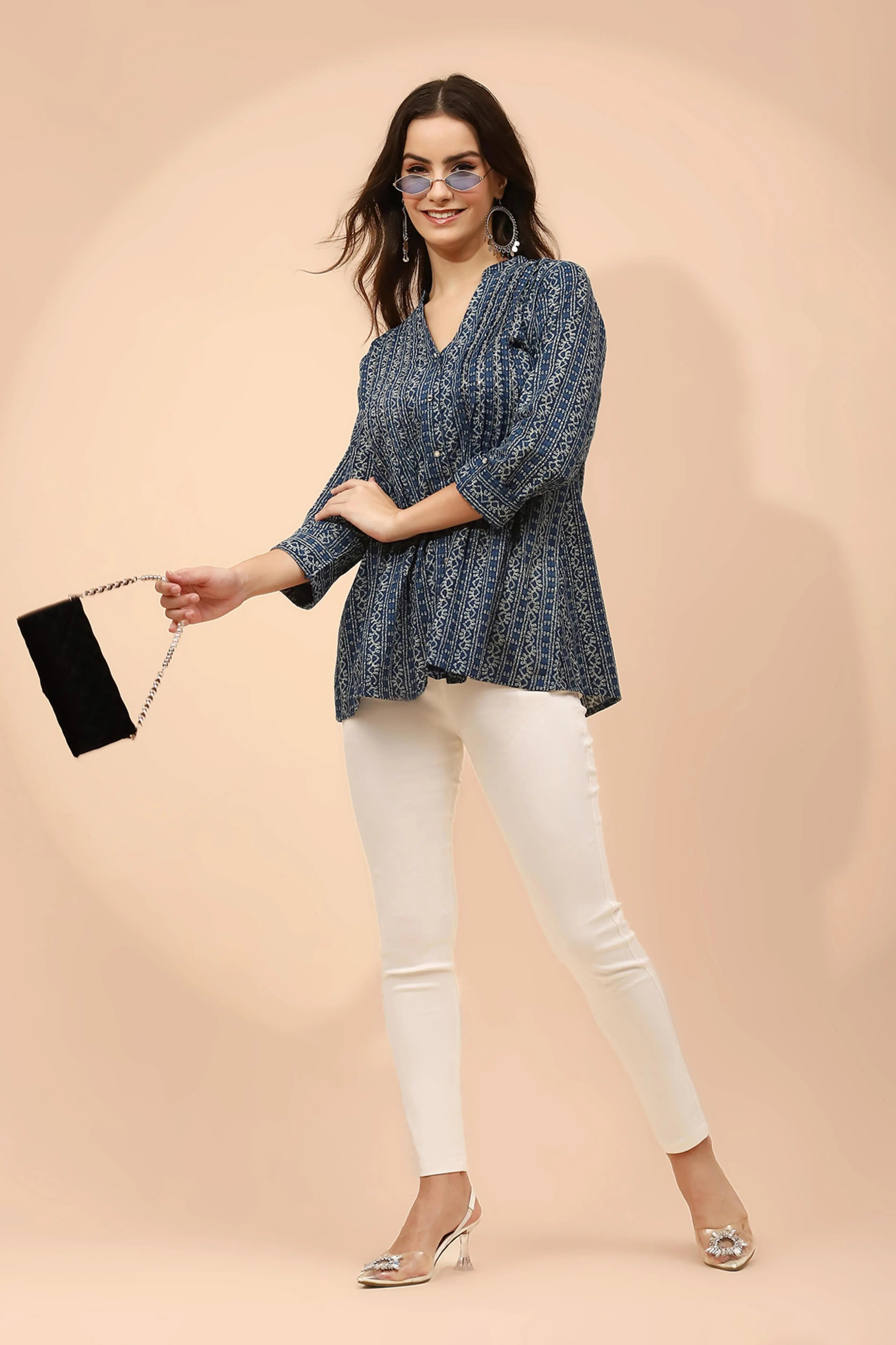 Blue Printed Cotton V-Neck Tunic - Global Republic