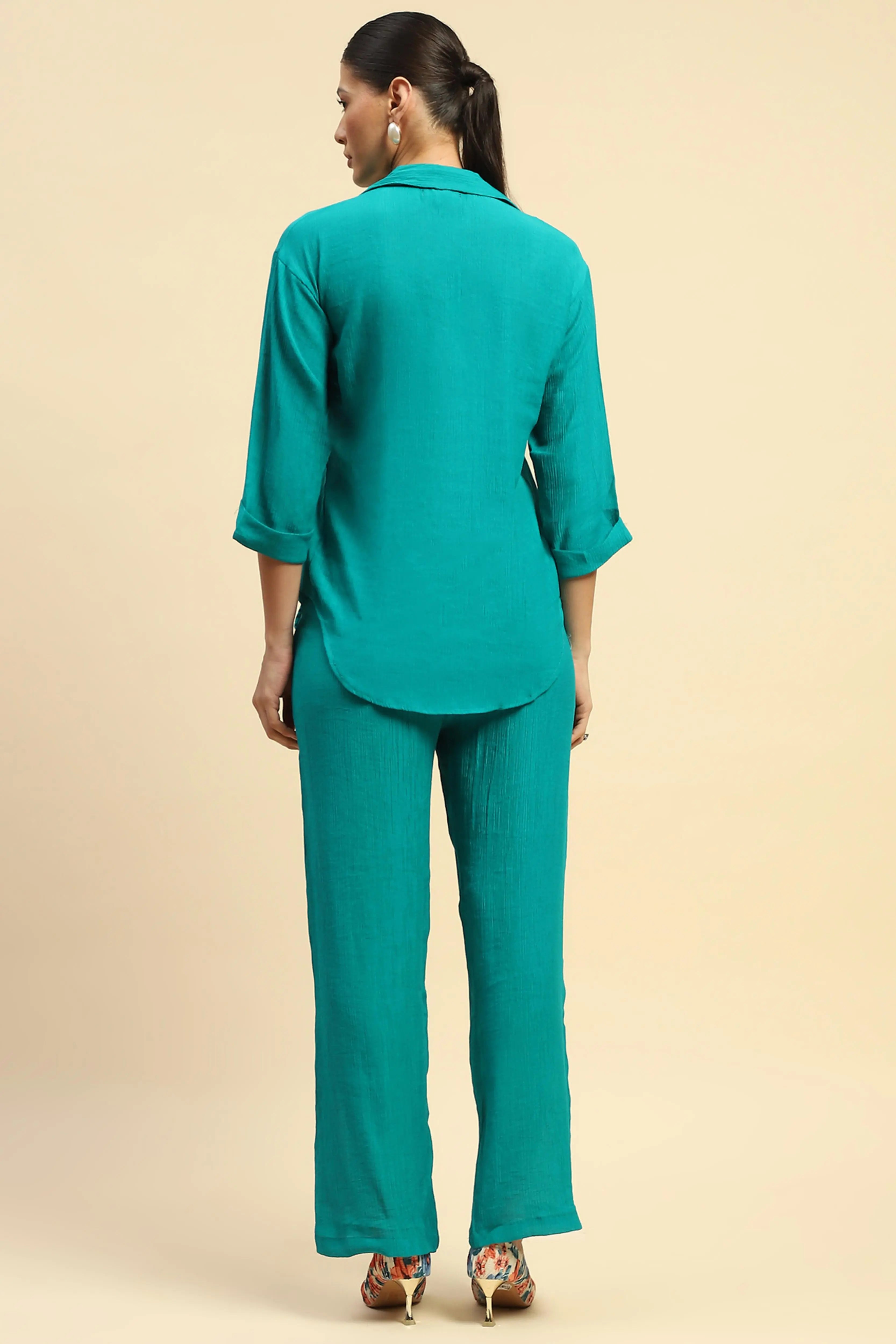 Sea Green Embroidered Viscose Relaxed Fit Co-ord Set - Global Republic