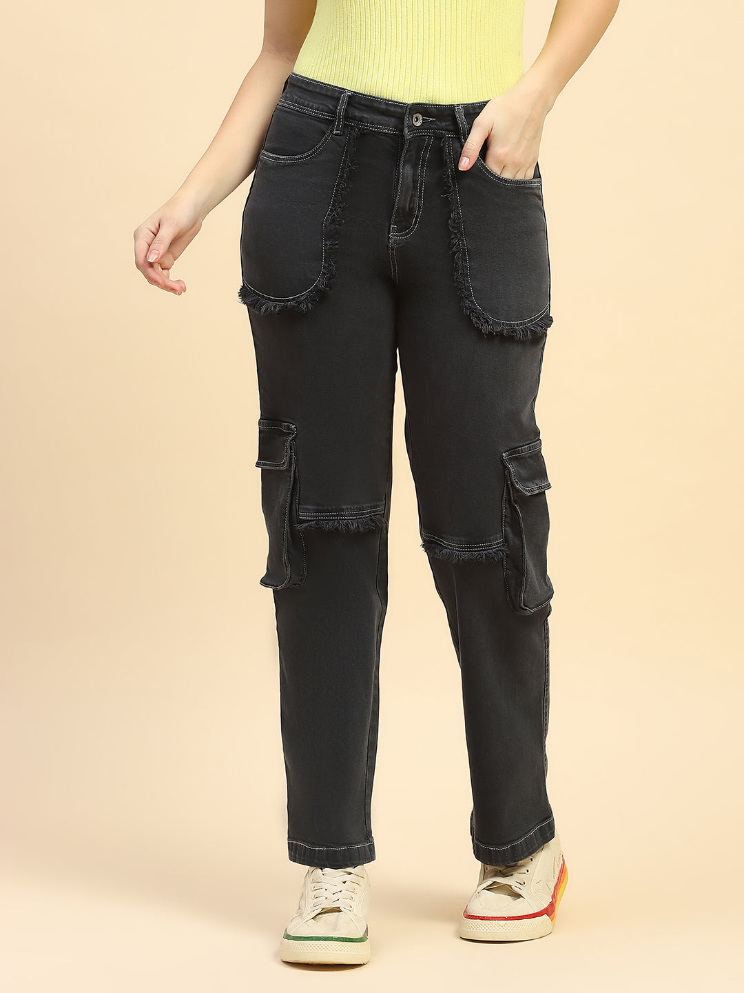 Charcoal Solid Cotton Blend Cargo Jeans - Global Republic