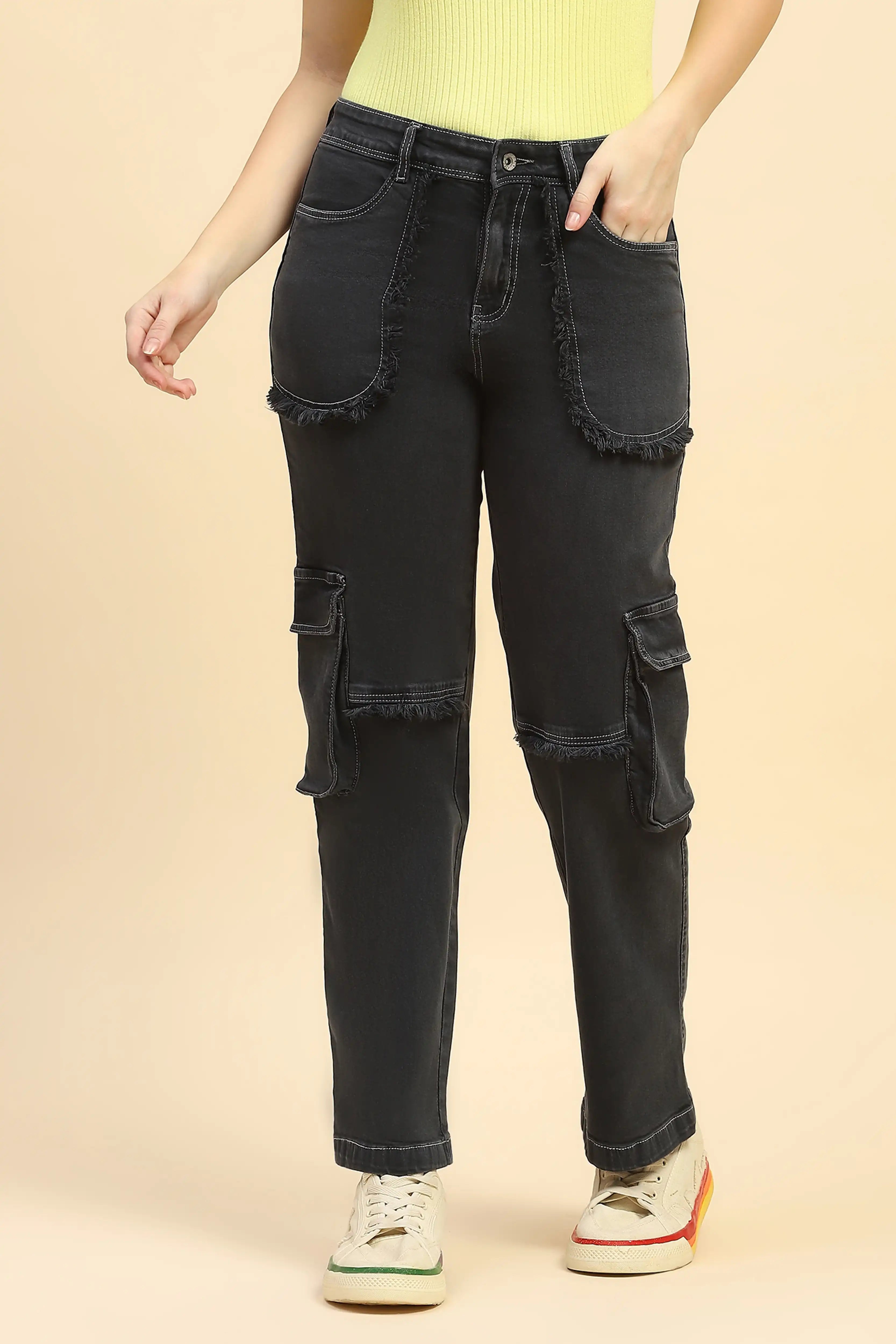 Charcoal Solid Cotton Blend Cargo Jeans