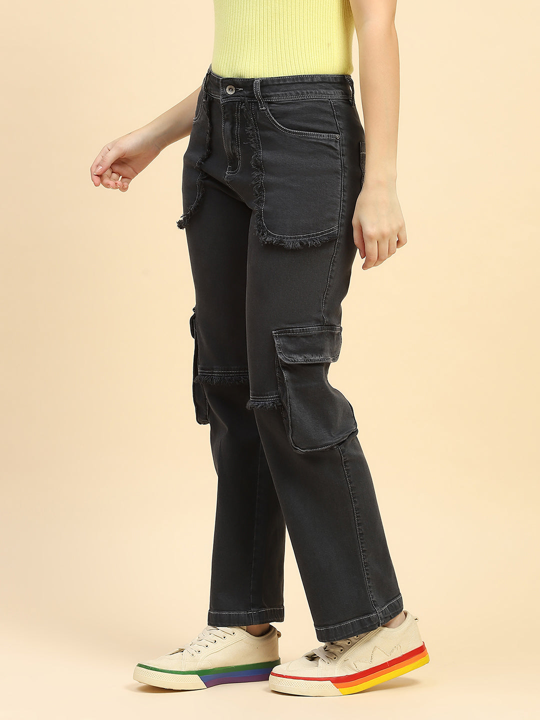 Charcoal Solid Cotton Blend Cargo Jeans - Global Republic