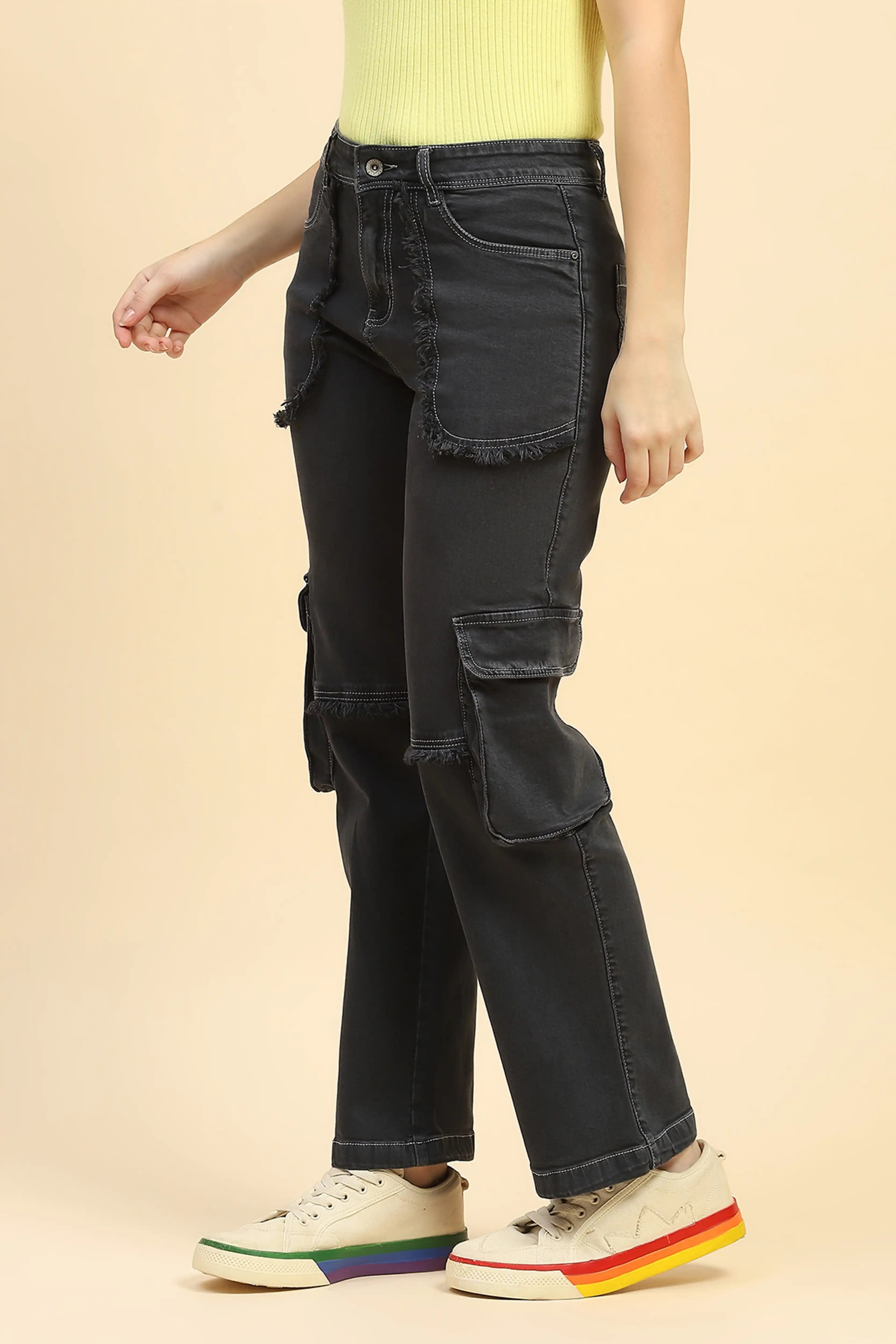 Charcoal Solid Cotton Blend Cargo Jeans