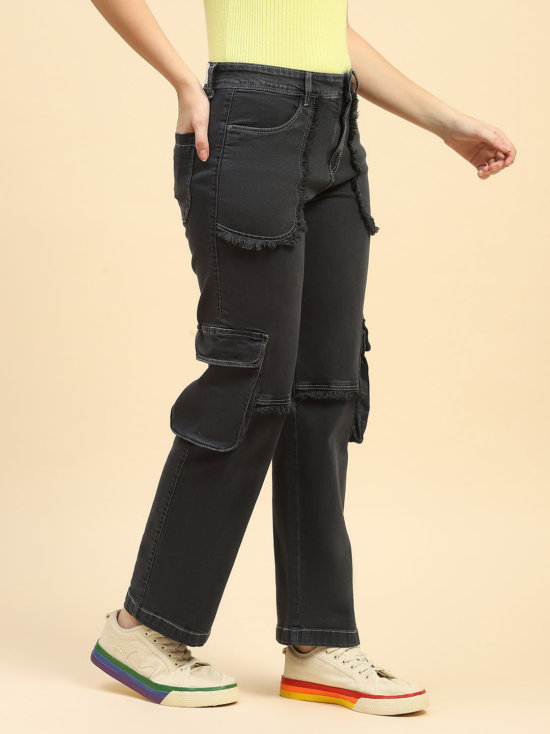 Charcoal Solid Cotton Blend Cargo Jeans - Global Republic