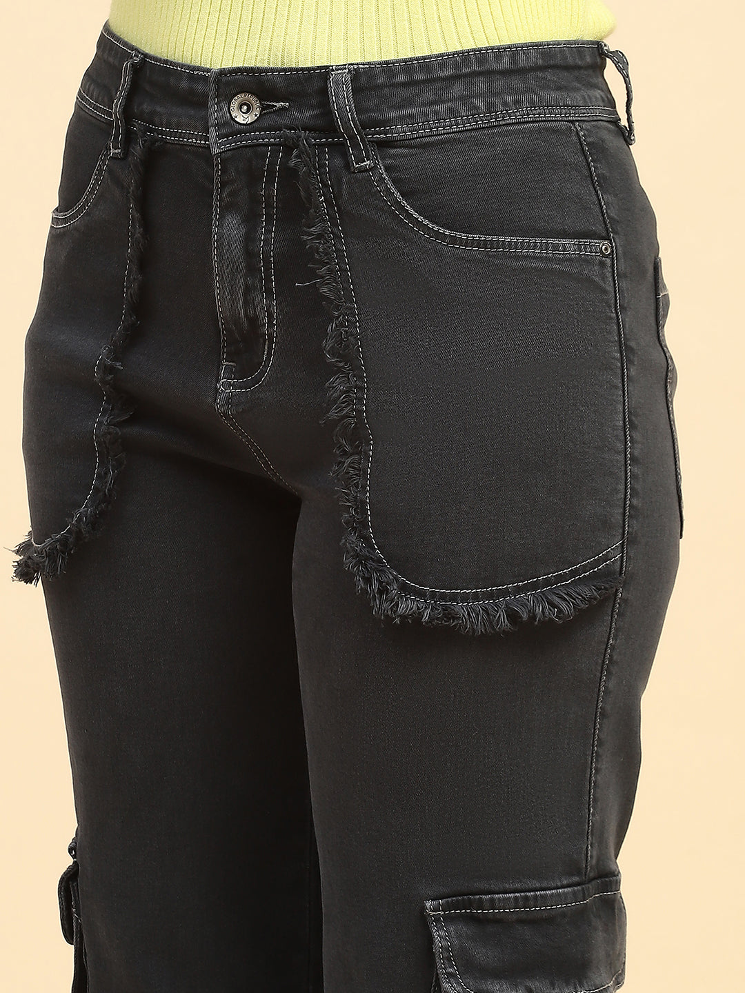 Charcoal Solid Cotton Blend Cargo Jeans - Global Republic