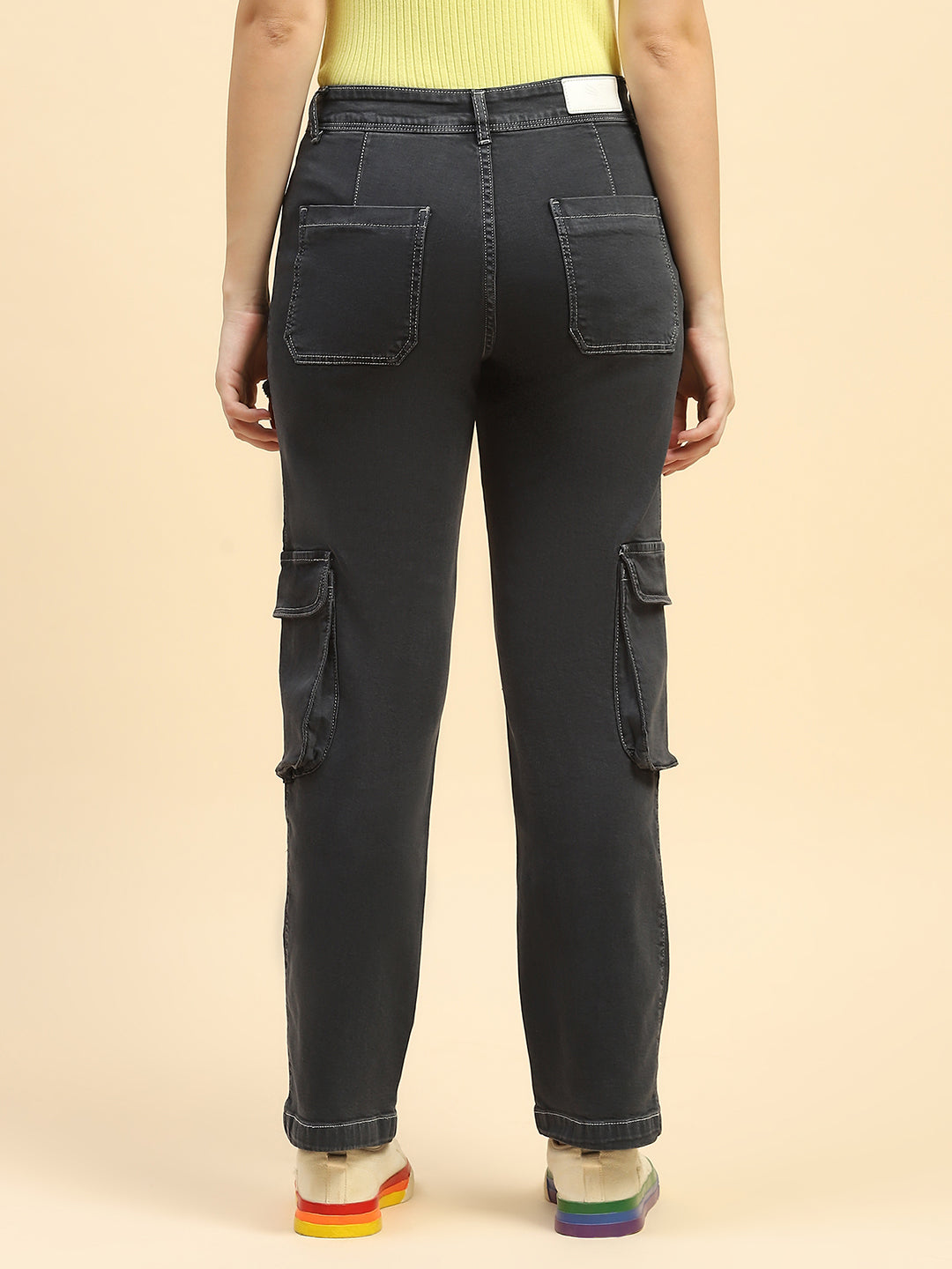 Charcoal Solid Cotton Blend Cargo Jeans - Global Republic