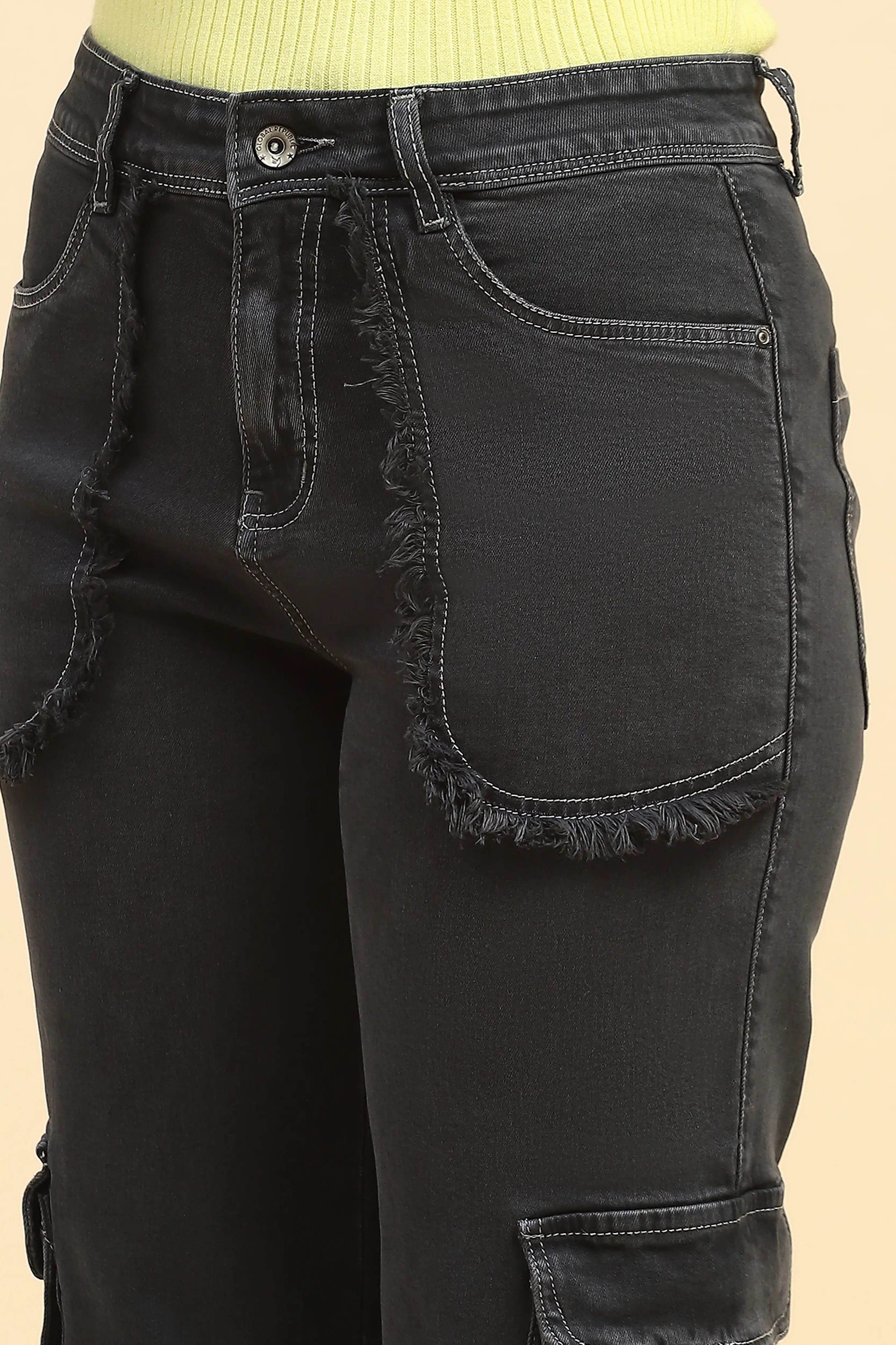 Charcoal Solid Cotton Blend Cargo Jeans
