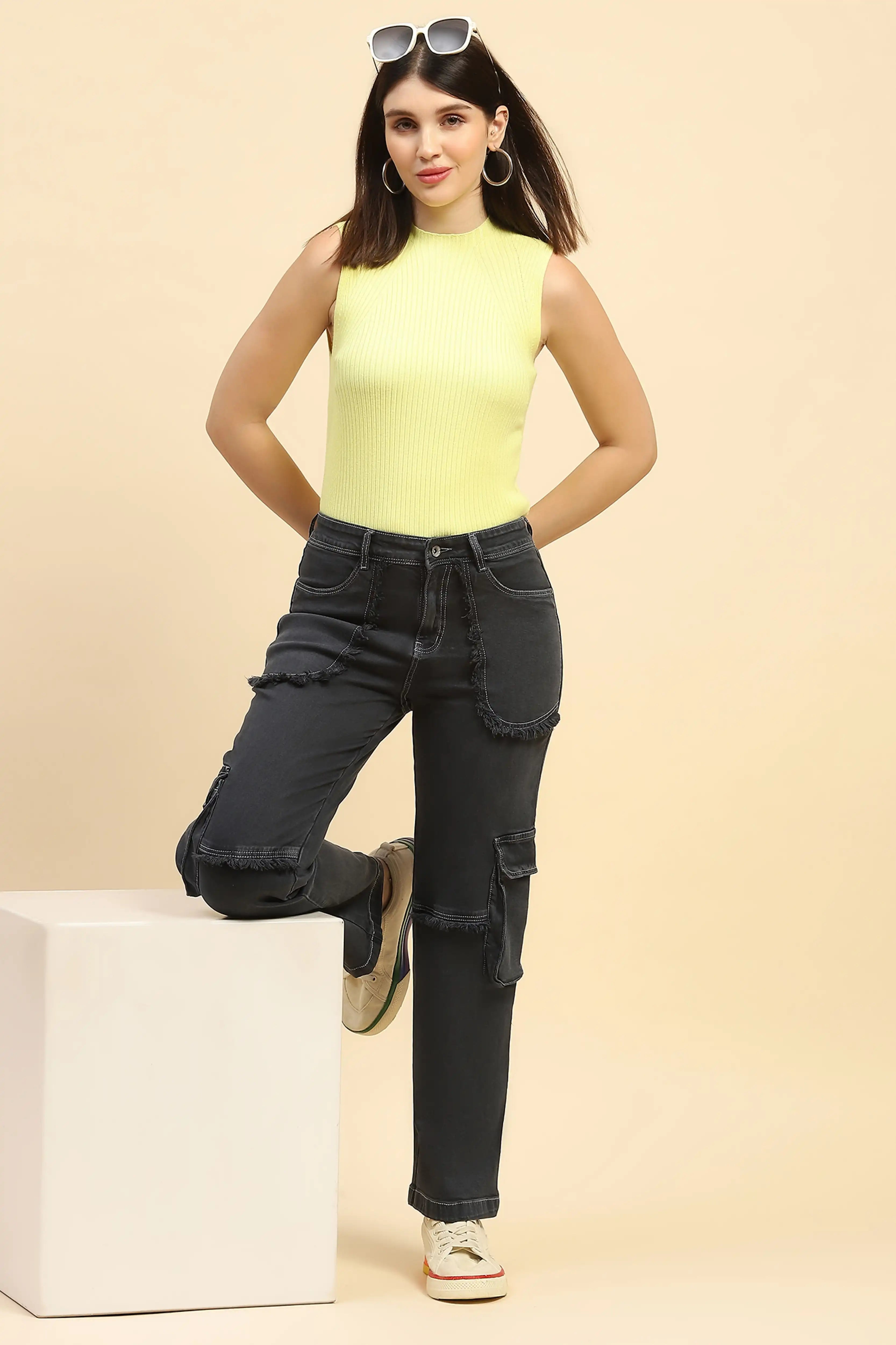 Charcoal Solid Cotton Blend Cargo Jeans