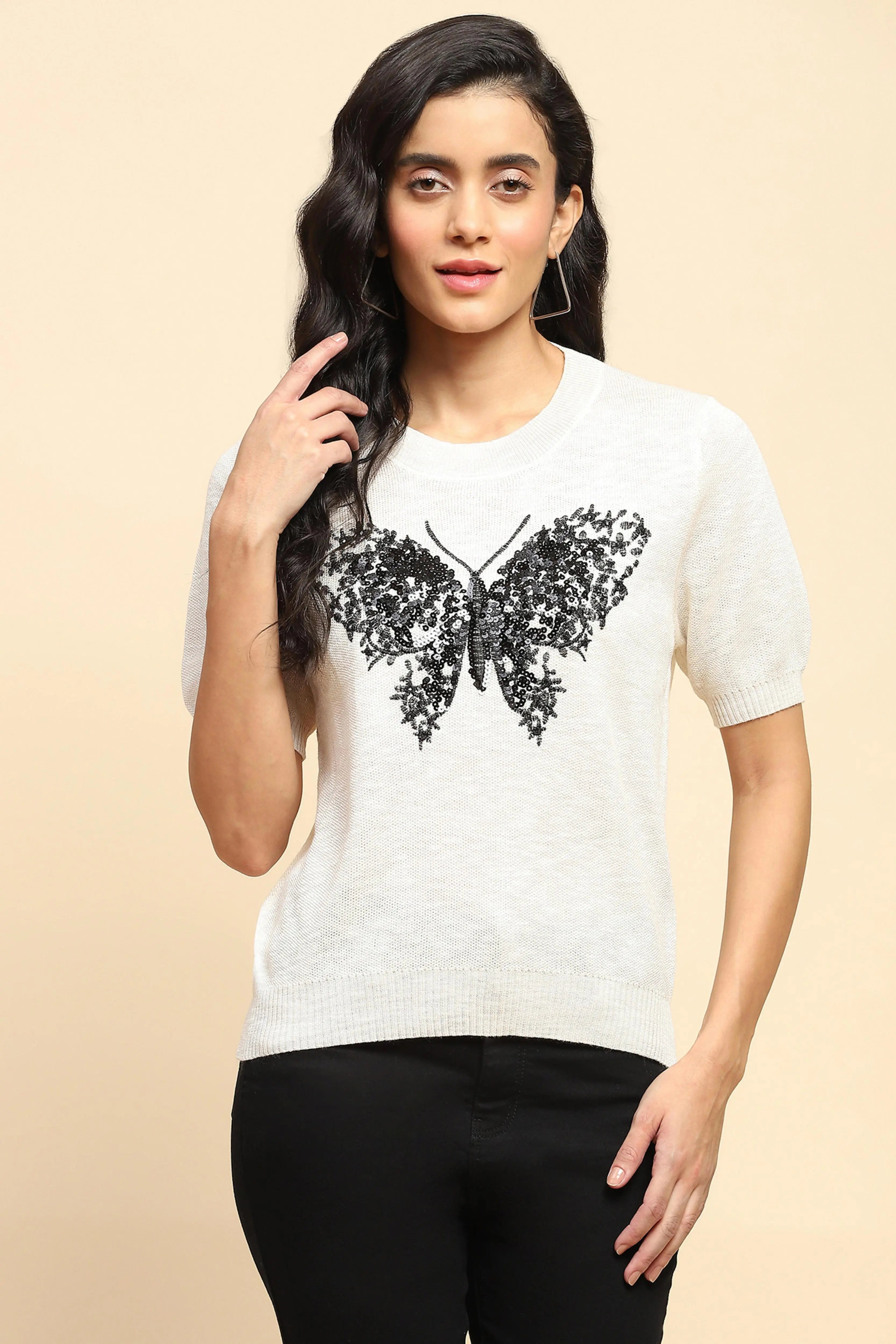 Cream Embellished Viscose Top - Global Republic