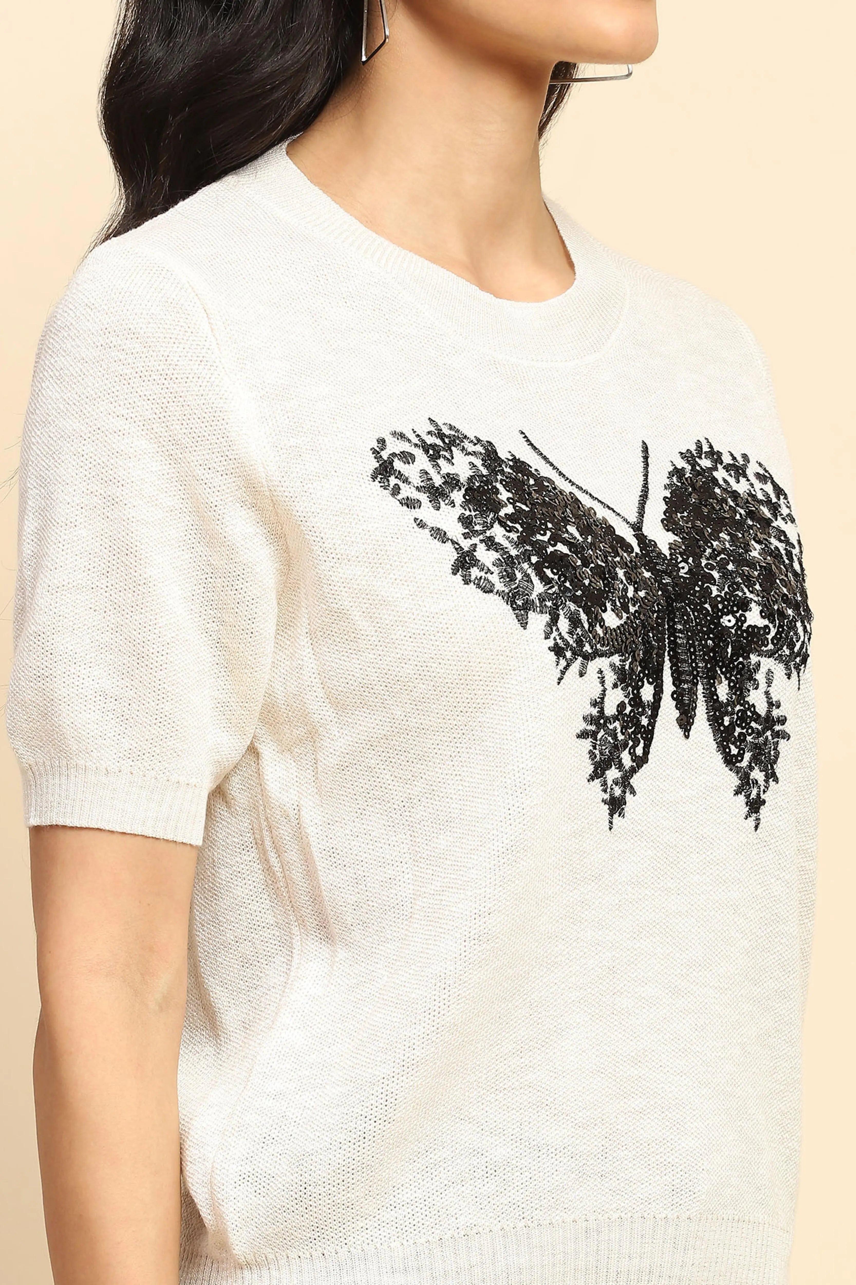 Cream Embellished Viscose Top - Global Republic