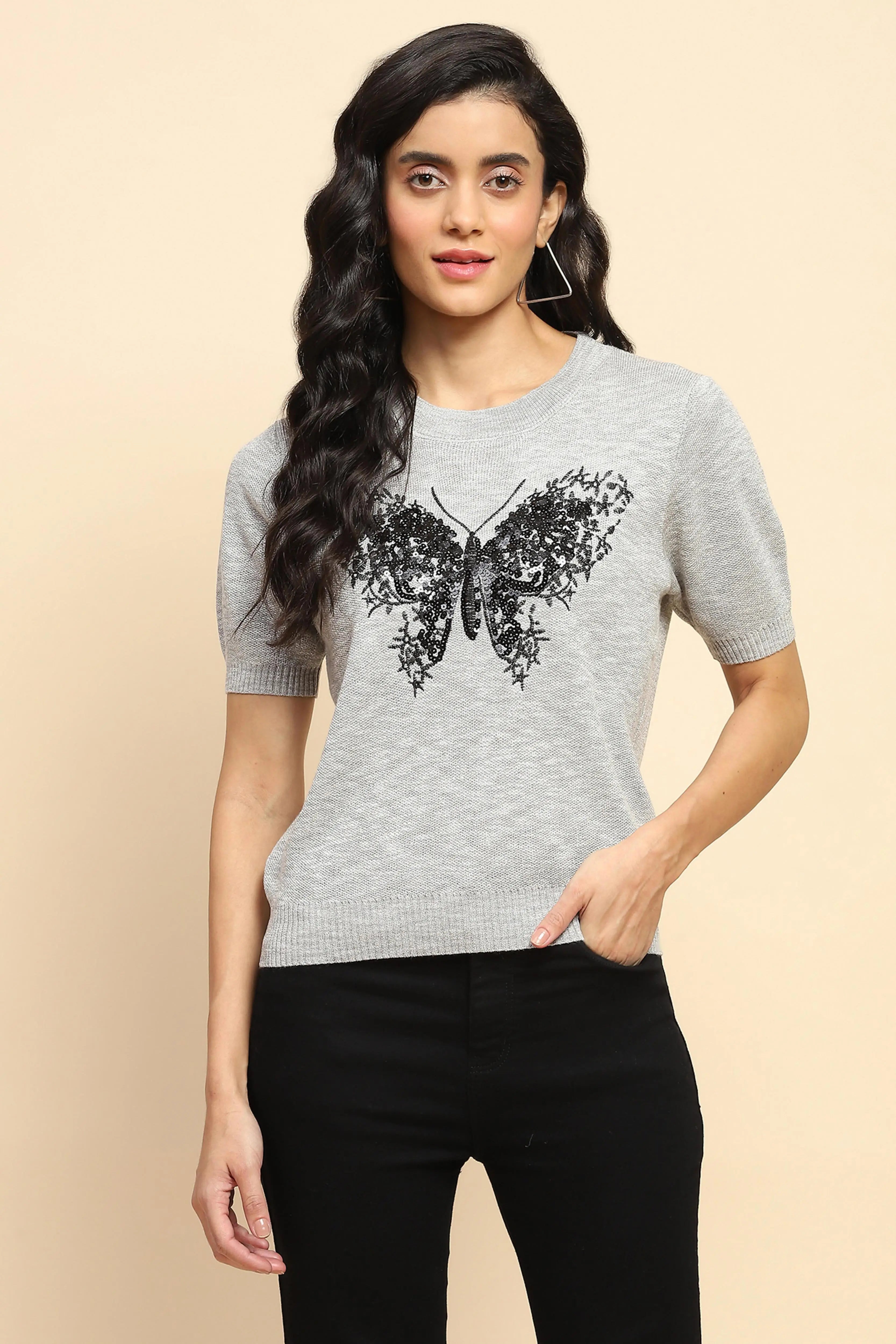 Grey Embellished Viscose Top - Global Republic