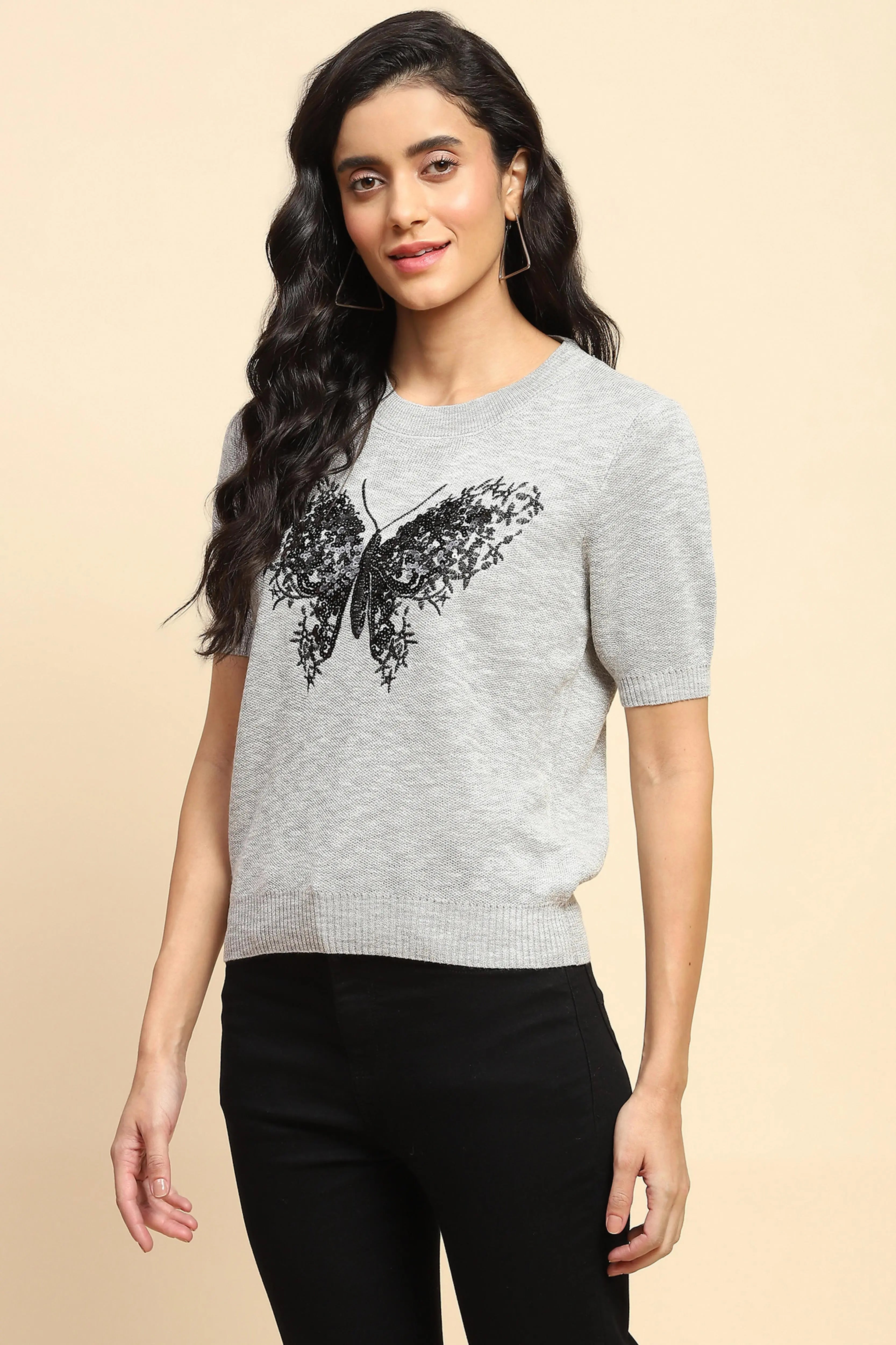 Grey Embellished Viscose Top - Global Republic