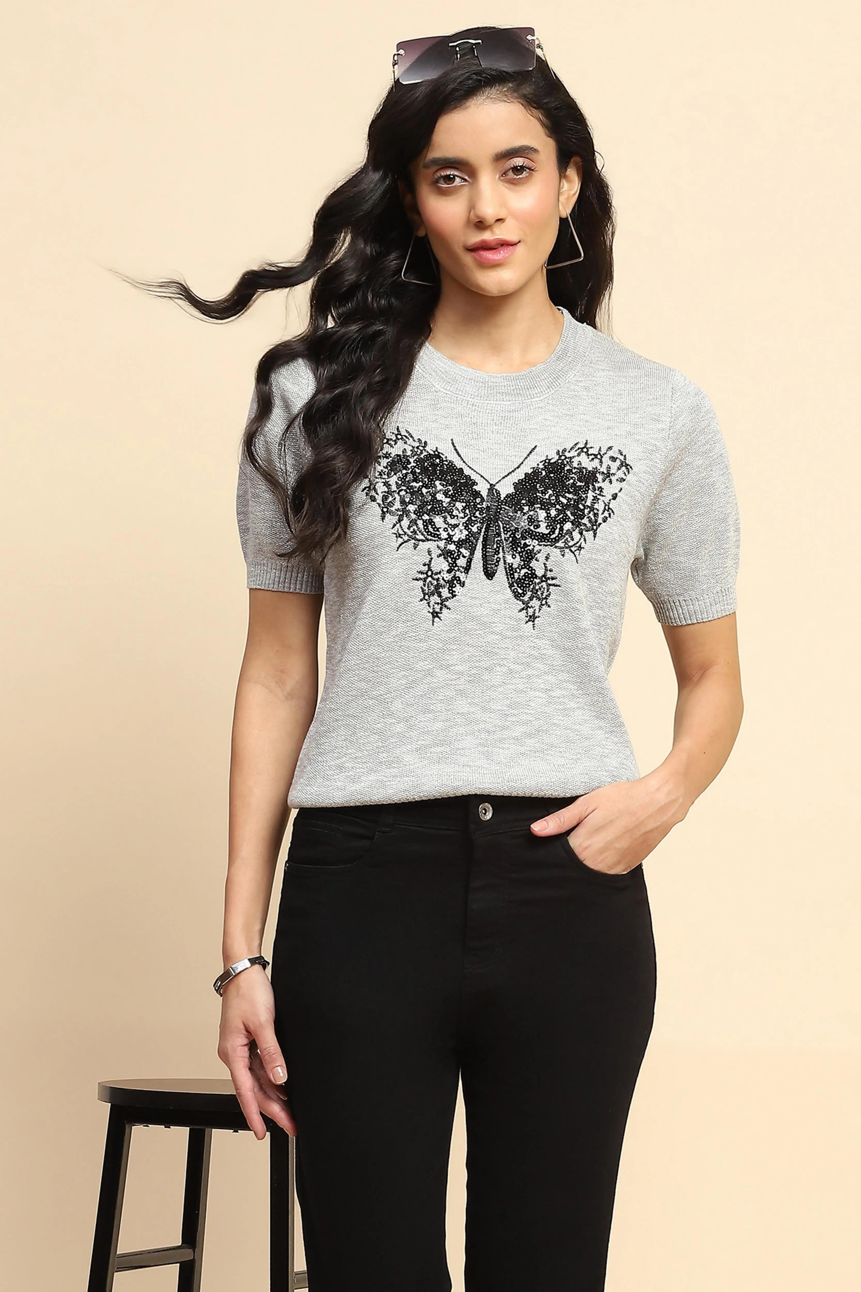 Grey Embellished Viscose Top - Global Republic