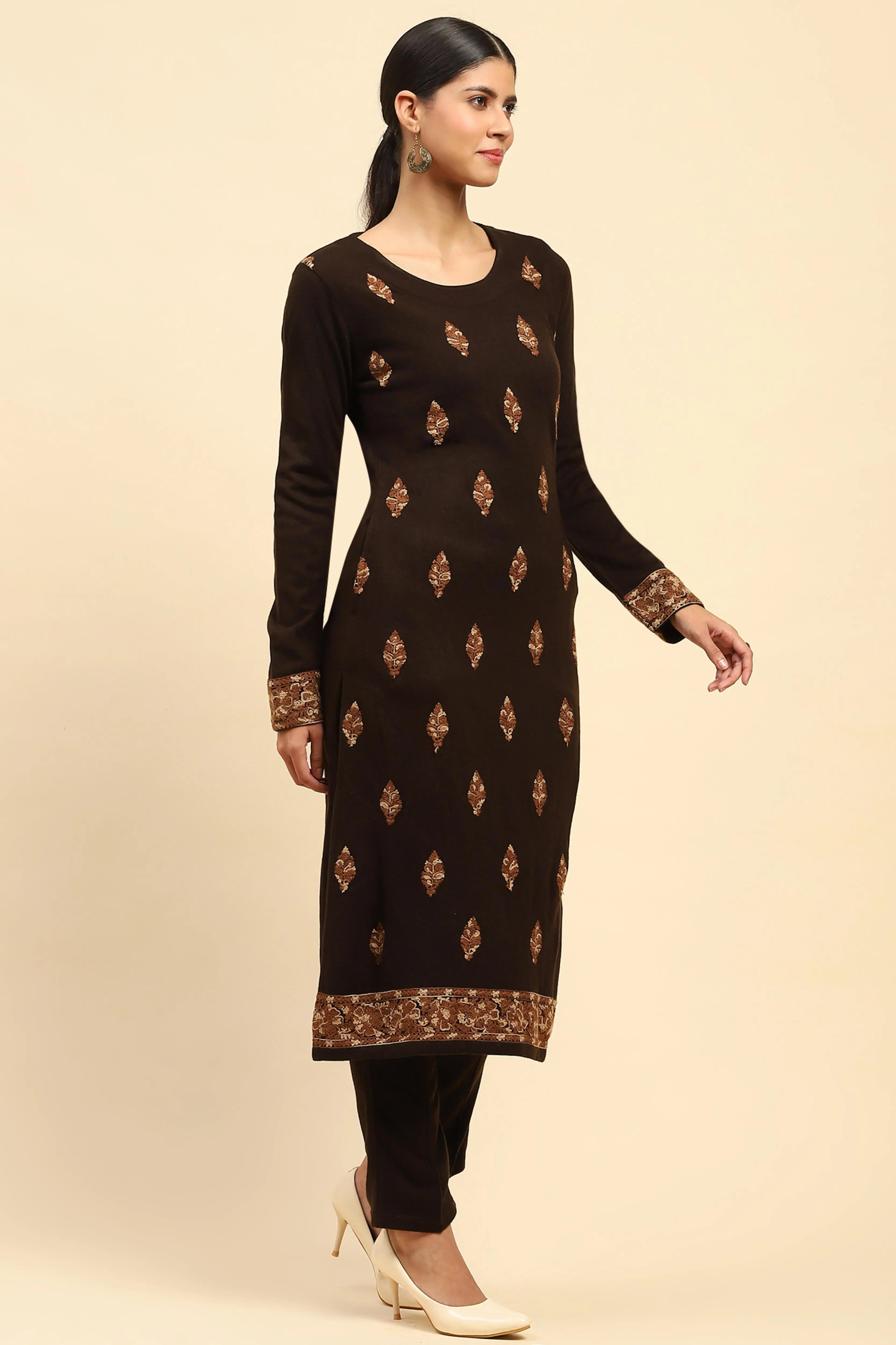 Coffee Woolen Embroidered Kurta Bottom Set With Dupatta For Winter - Global Republic