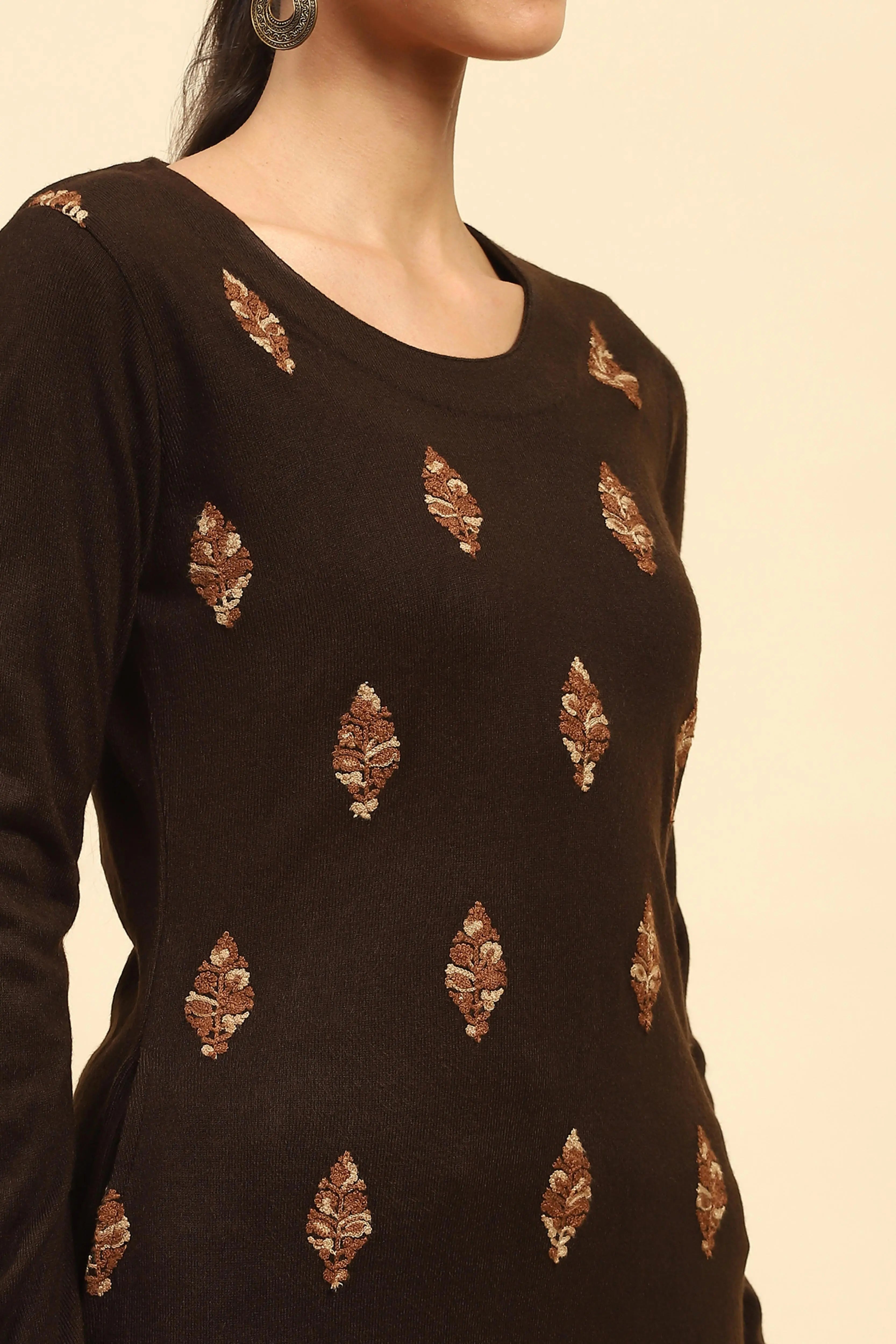 Coffee Woolen Embroidered Kurta Bottom Set With Dupatta For Winter - Global Republic