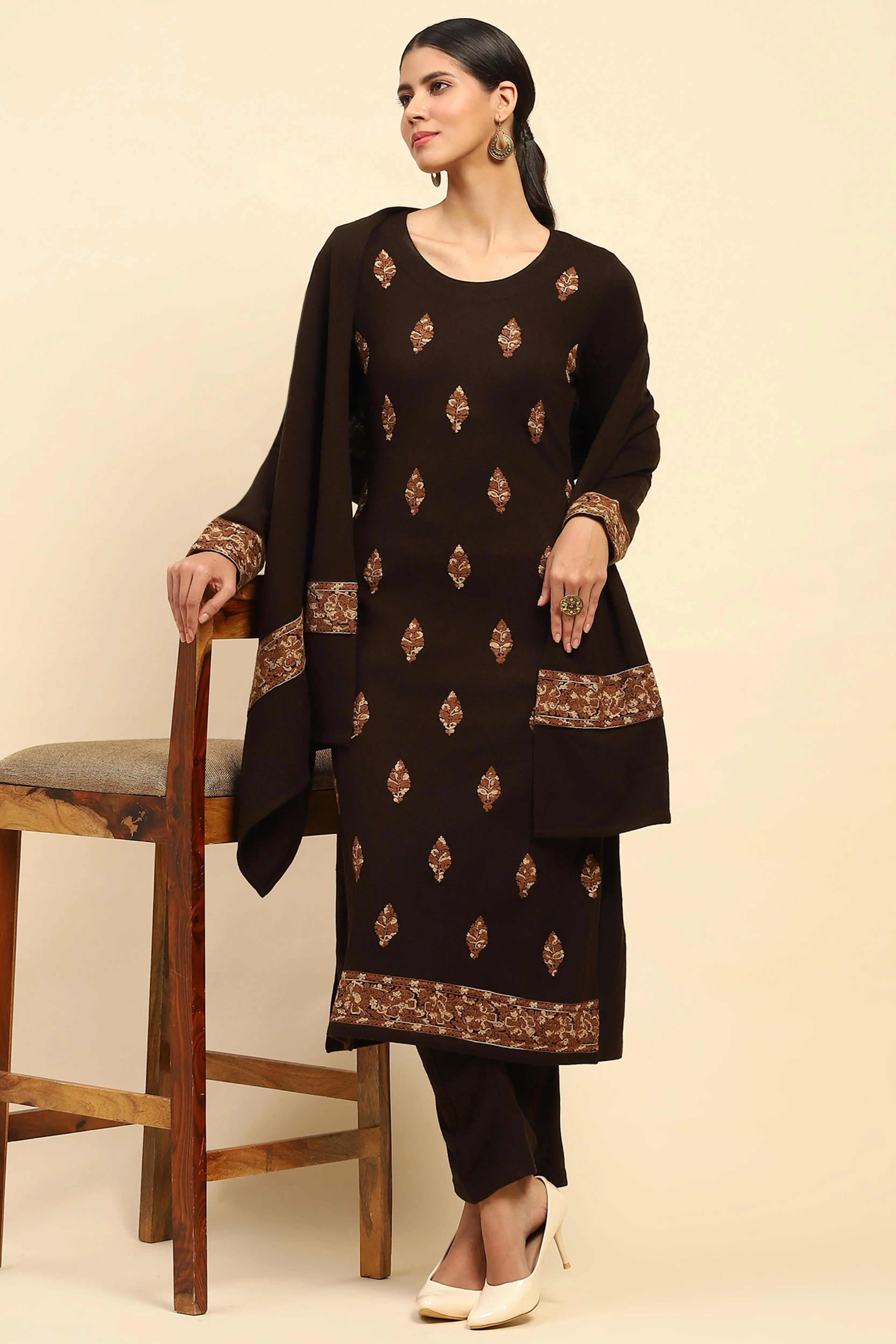 Coffee Woolen Embroidered Kurta Bottom Set With Dupatta For Winter - Global Republic