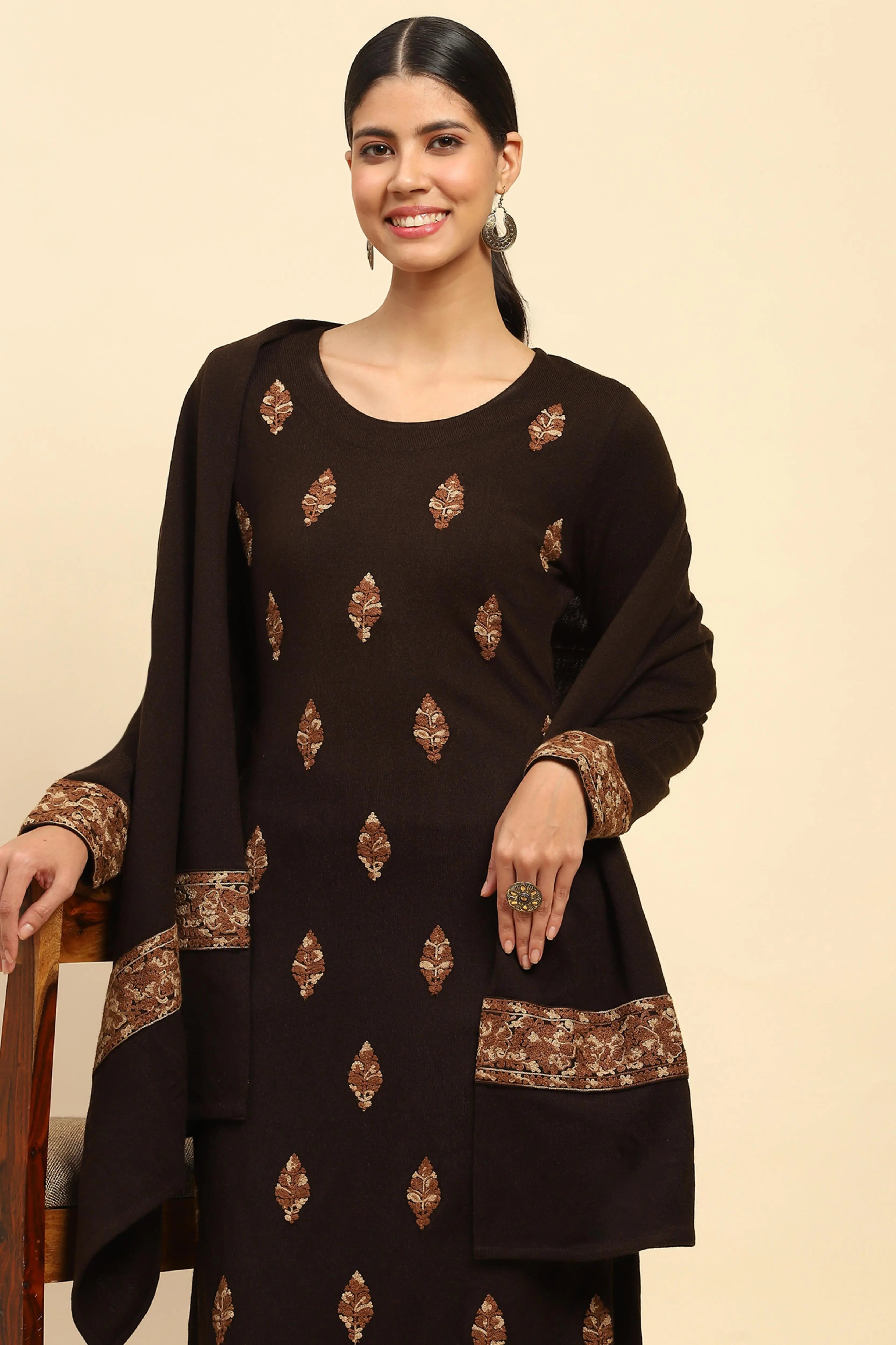 Coffee Woolen Embroidered Kurta Bottom Set With Dupatta For Winter - Global Republic