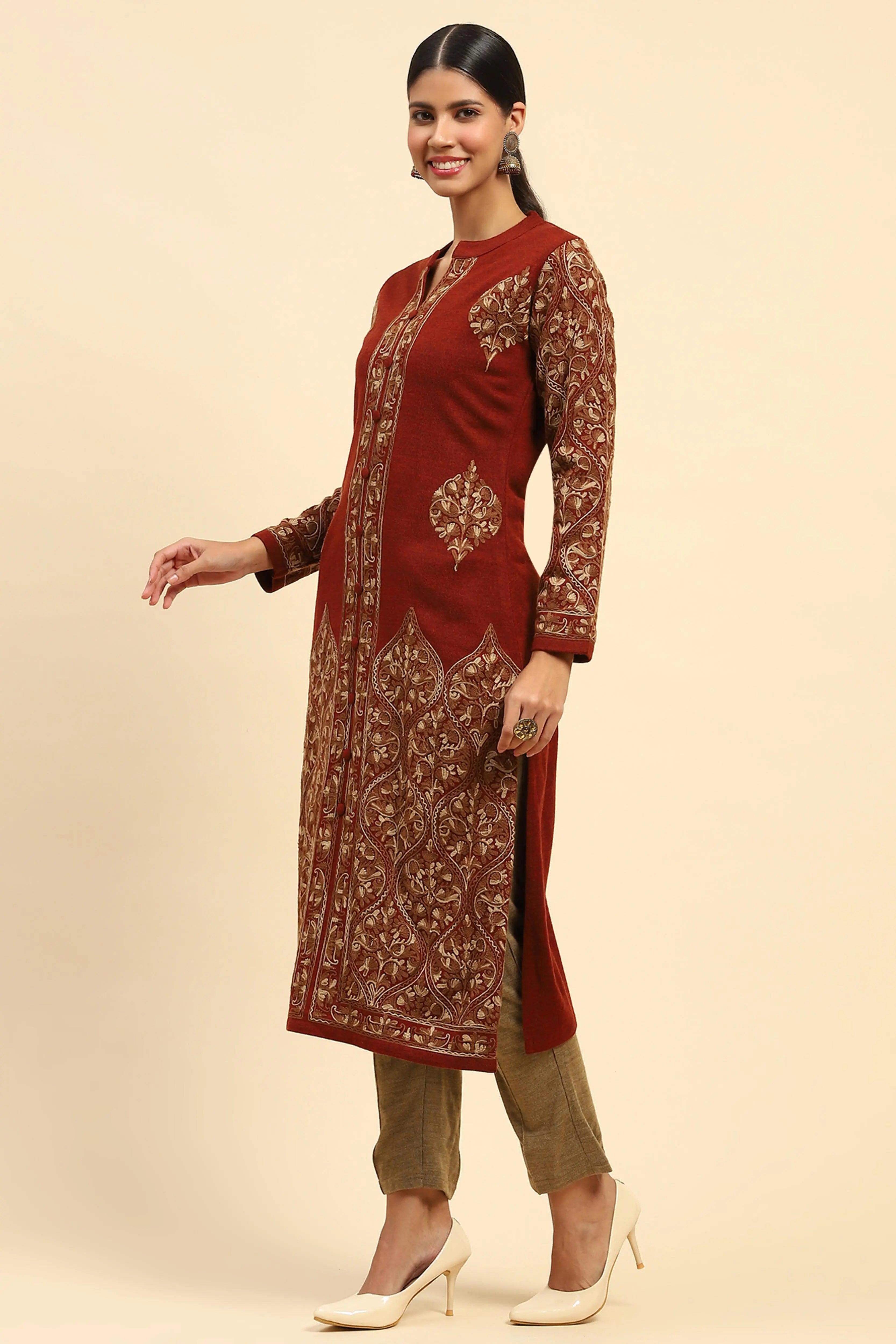 Rust Woolen Thread Embroidered Notch Neck Kurta - Global Republic