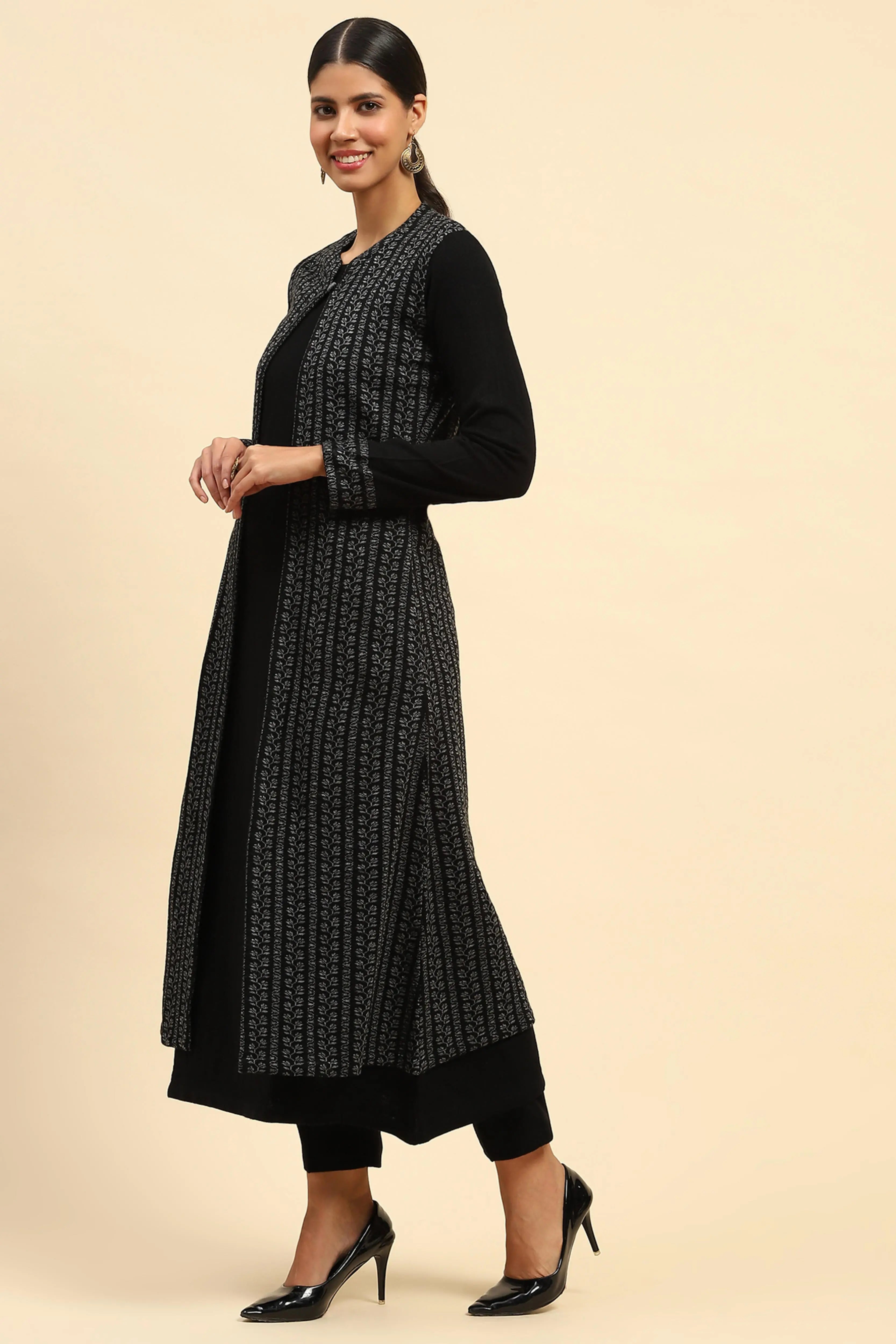 Black Woolen Knitted Layered Round Neck Button Kurta - Global Republic