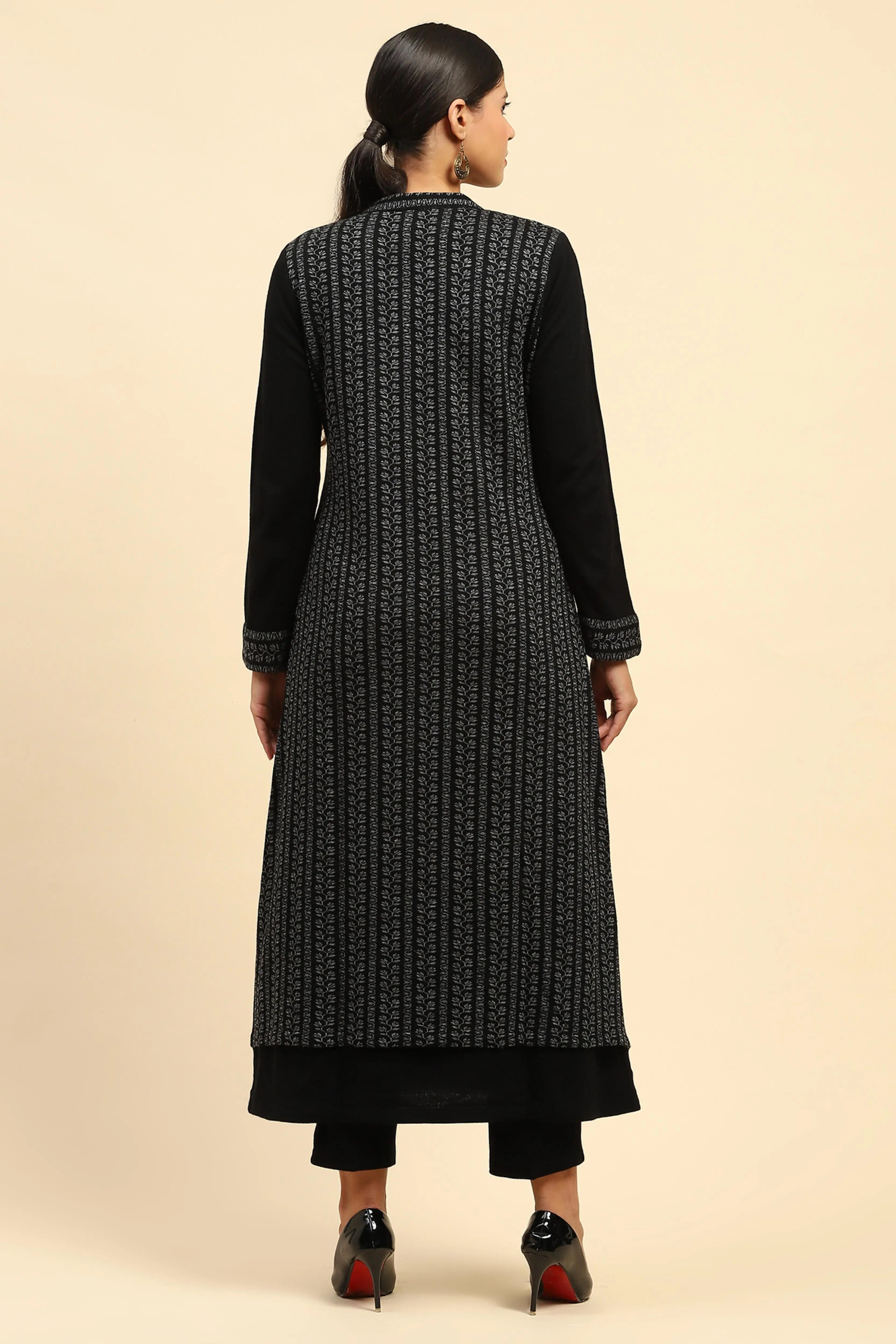 Black Woolen Knitted Layered Round Neck Button Kurta - Global Republic